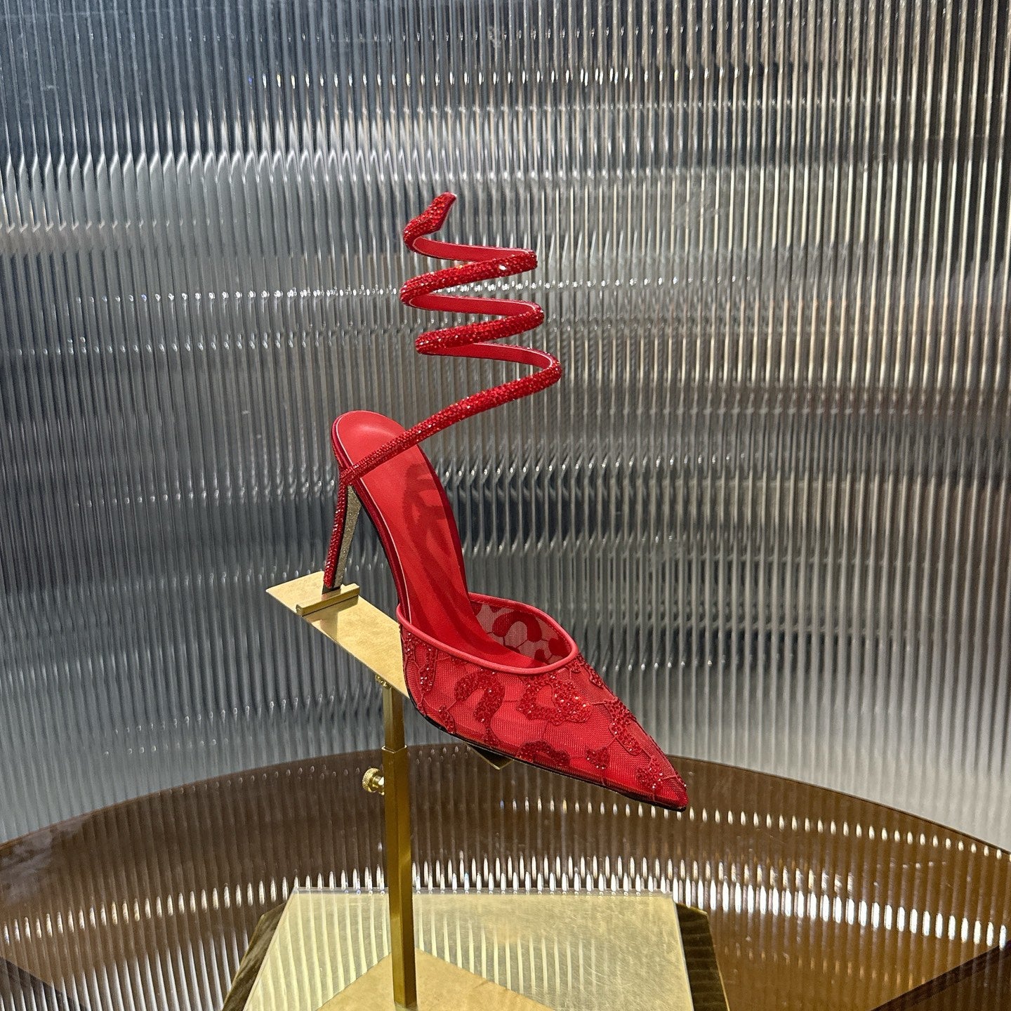 RENE CAOVILLA 26S HIGH-HEEL 100 MM IN RED MESH AND LAMBSKIN EMBELLISHED