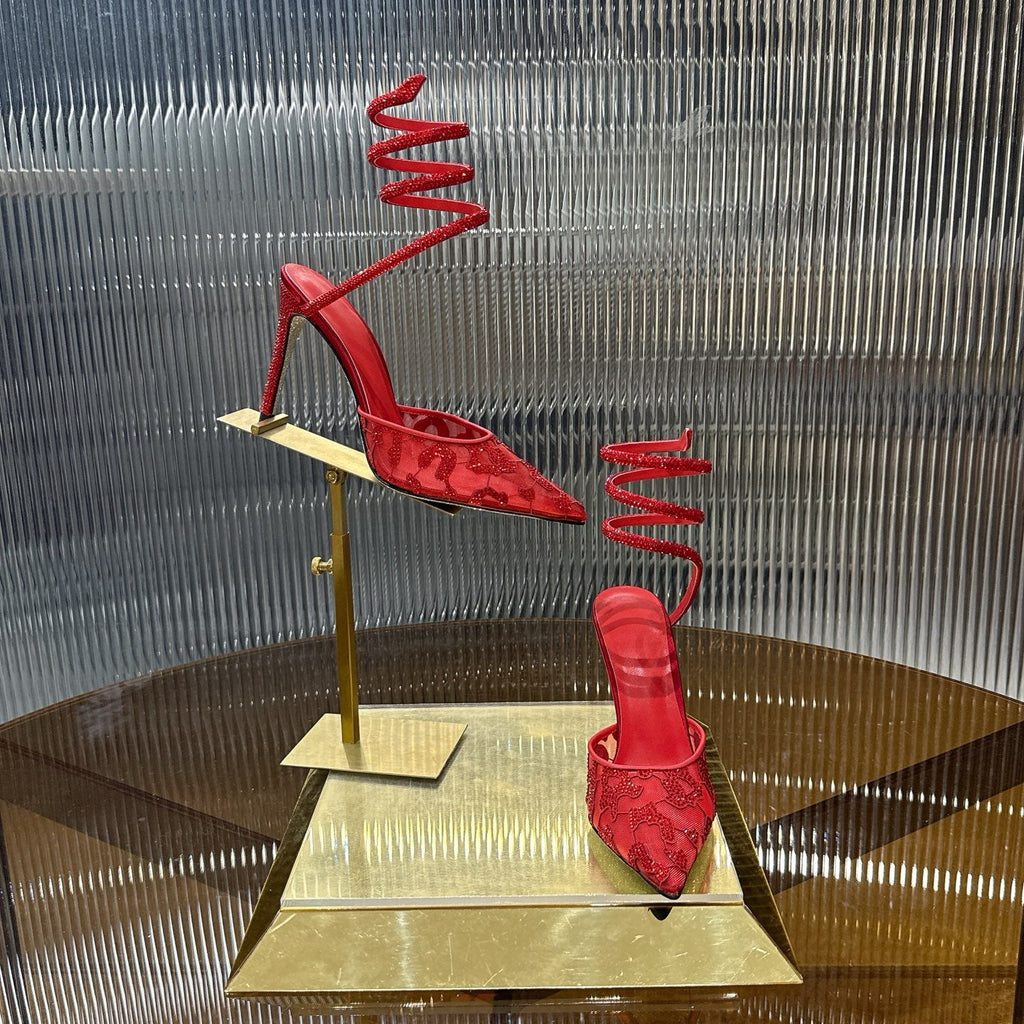 RENE CAOVILLA 26S HIGH-HEEL 100 MM IN RED MESH AND LAMBSKIN EMBELLISHED