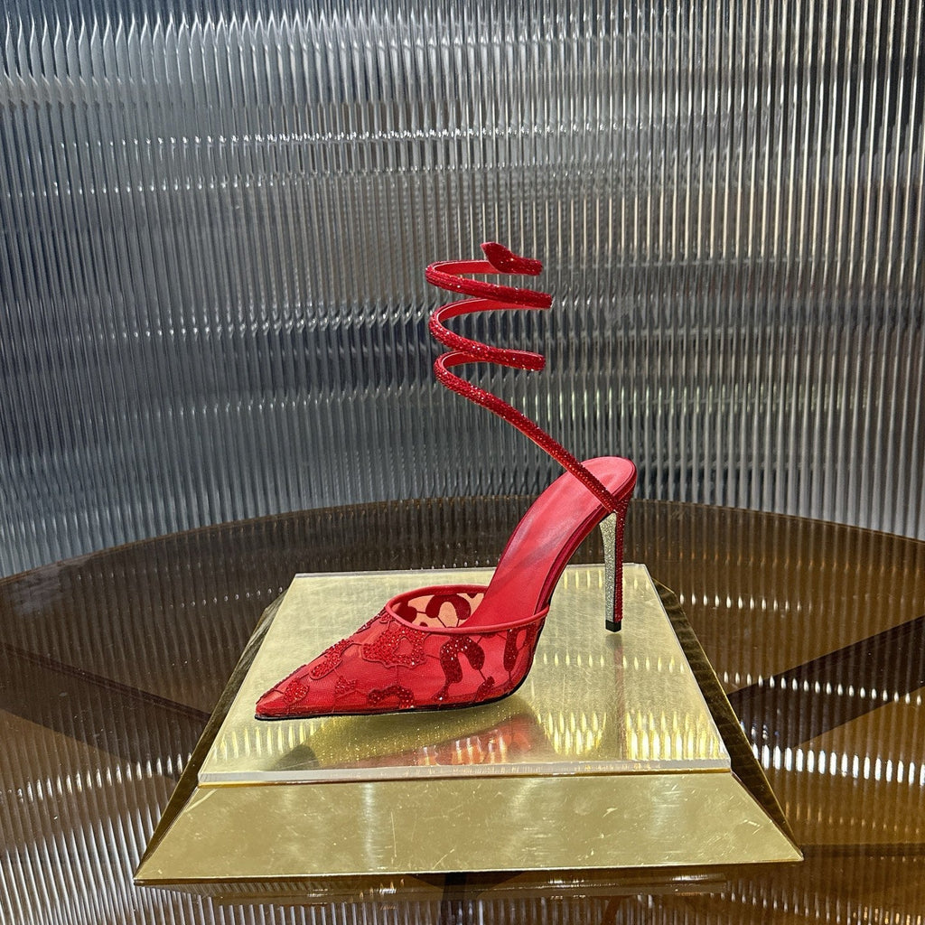 RENE CAOVILLA 26S HIGH-HEEL 100 MM IN RED MESH AND LAMBSKIN EMBELLISHED