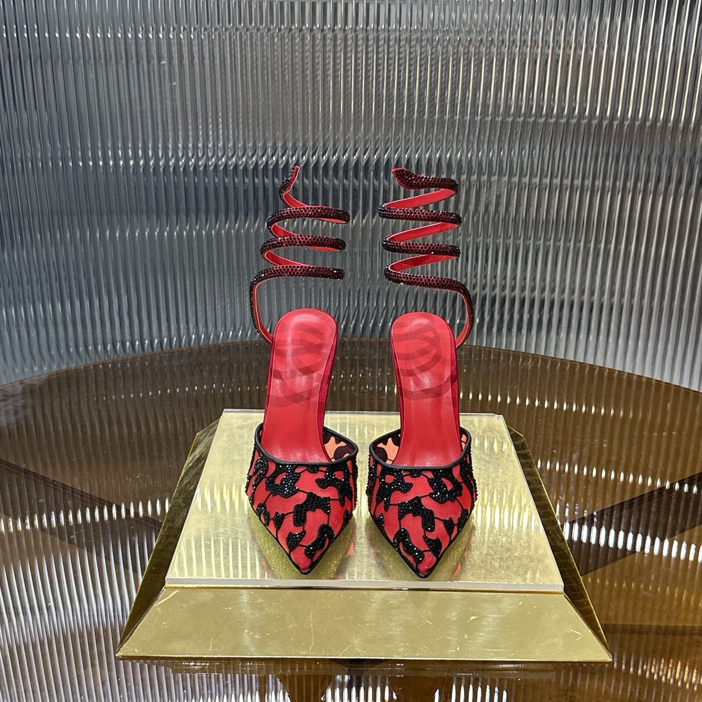 RENE CAOVILLA 26S HIGH-HEEL 100 MM IN BLACK MESH AND RED LAMBSKIN EMBELLISHED