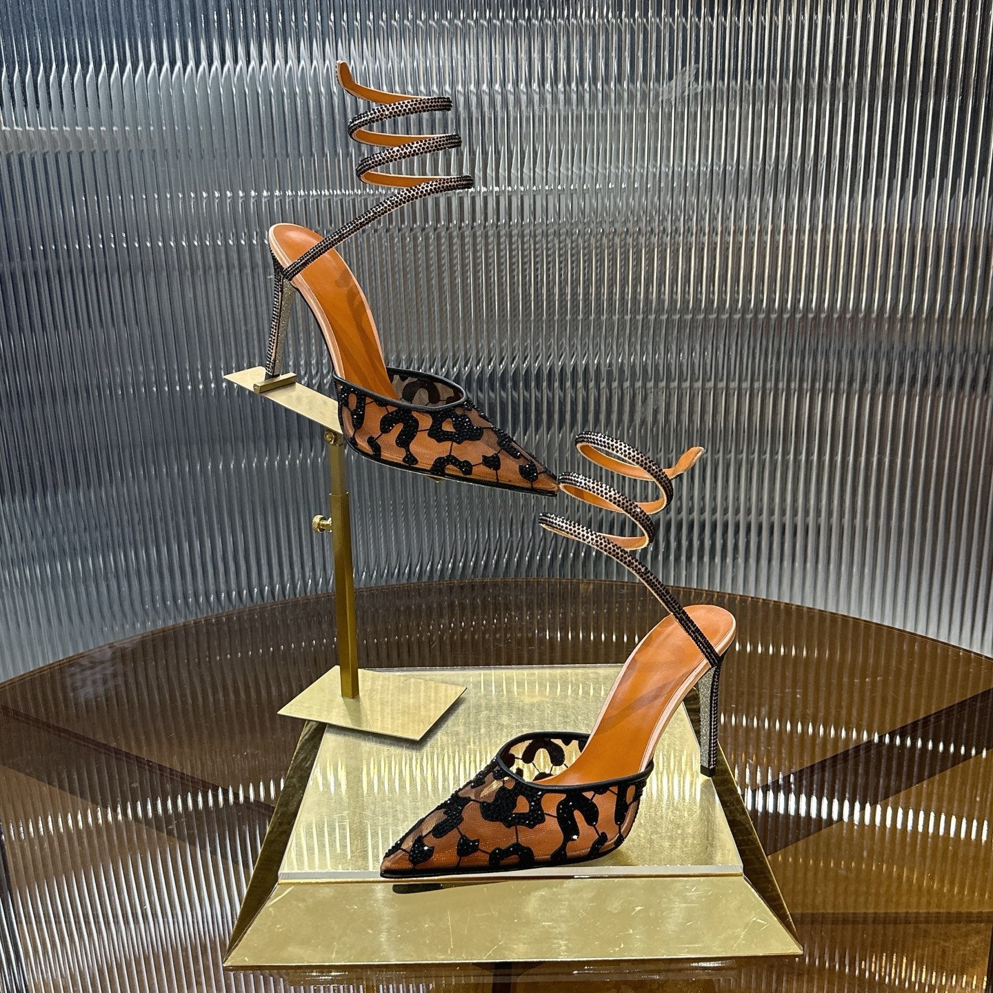 RENE CAOVILLA 26S HIGH-HEEL 100 MM IN BLACK MESH AND BROWN LAMBSKIN EMBELLISHED