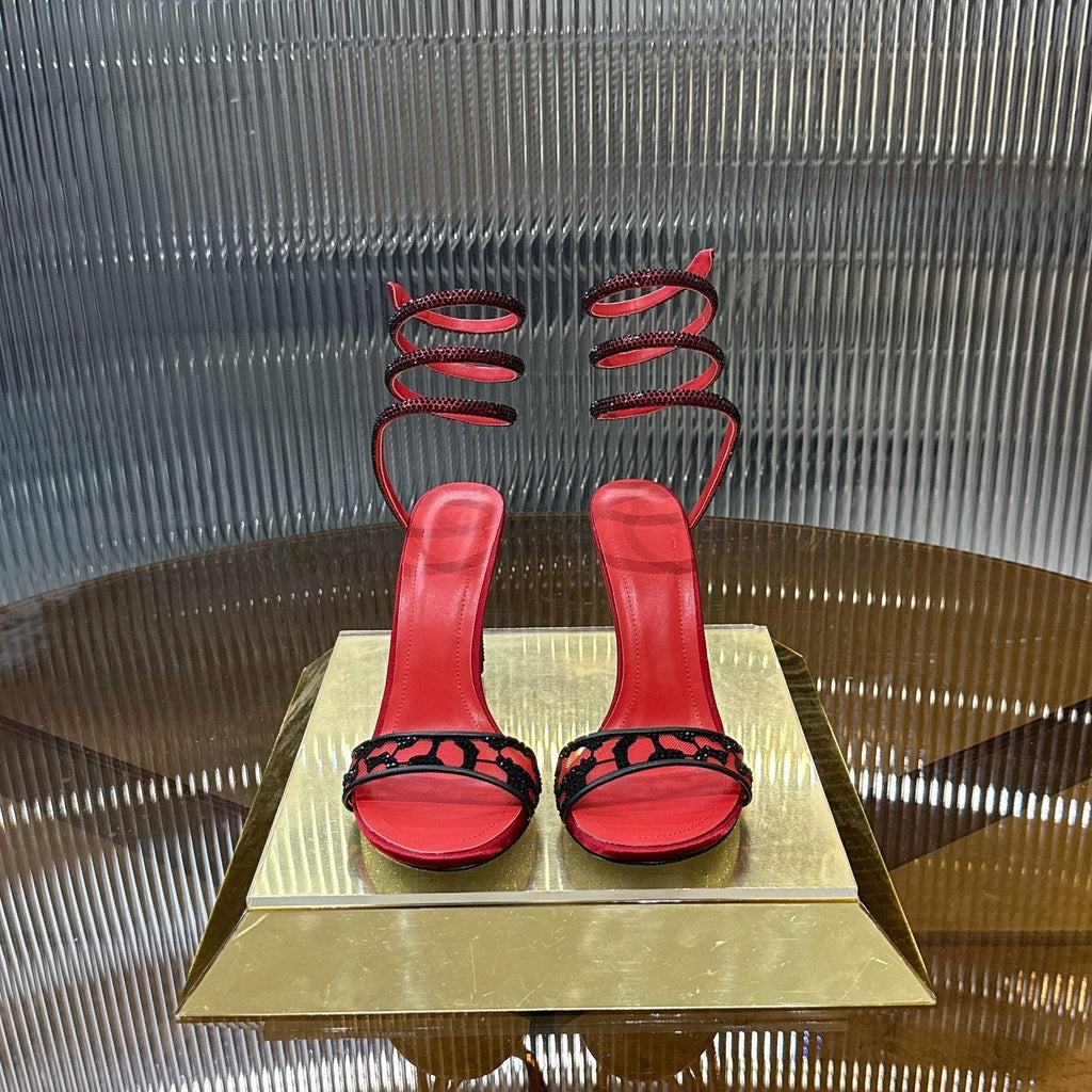 RENE CAOVILLA 26S TWISTED-STRAP HIGH-HEEL SANDALS 100 MM IN BLACK MESH AND RED LAMBSKIN