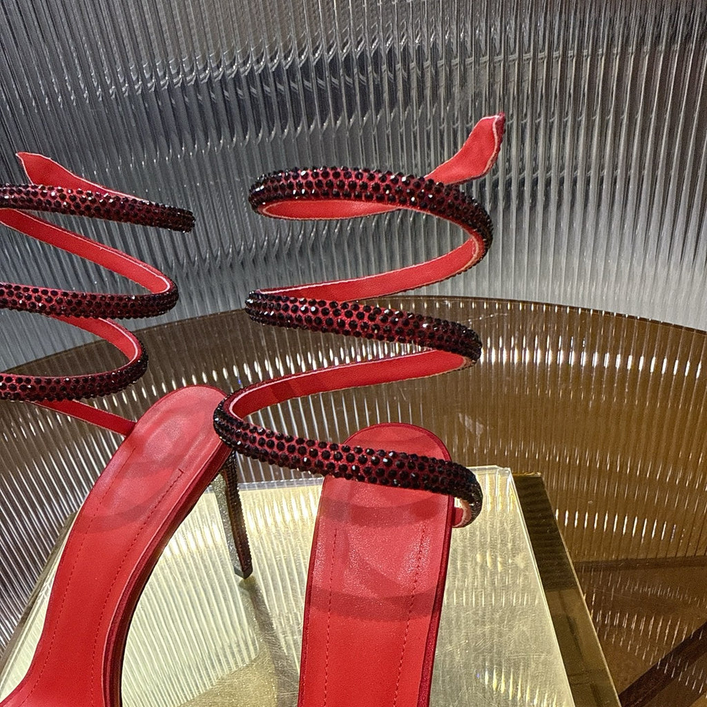 RENE CAOVILLA 26S TWISTED-STRAP HIGH-HEEL SANDALS 100 MM IN BLACK MESH AND RED LAMBSKIN