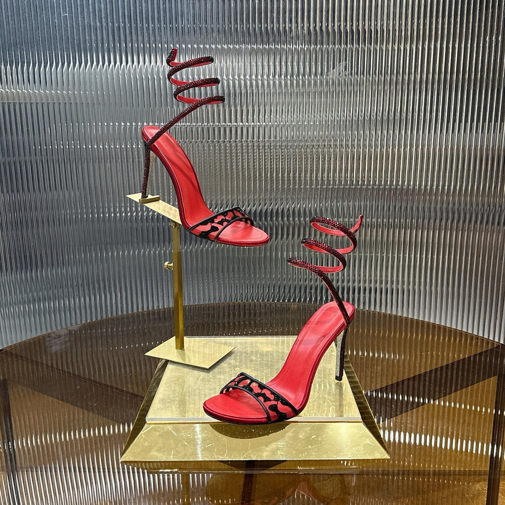RENE CAOVILLA 26S TWISTED-STRAP HIGH-HEEL SANDALS 100 MM IN BLACK MESH AND RED LAMBSKIN