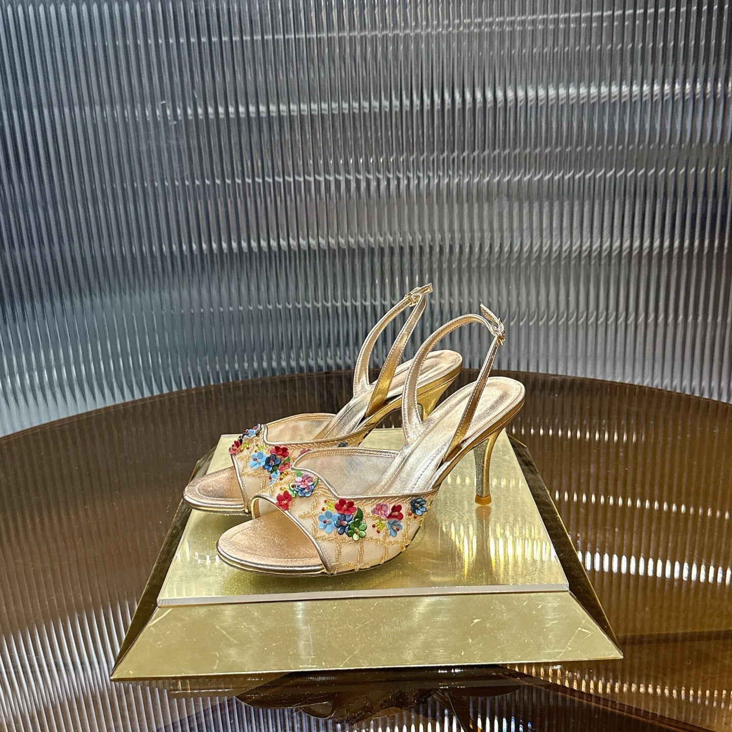 RENE CAOVILLA 26S HIGH-HEEL SANDALS 75 MM IN METALLIC GOLD LAMBSKIN