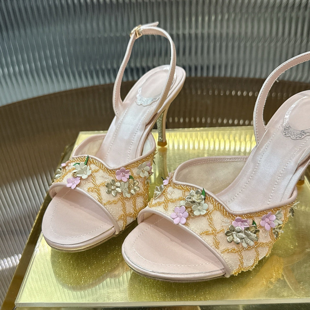 RENE CAOVILLA 26S HIGH-HEEL SANDALS 75 MM IN BEIGE LAMBSKIN FLOWER-EMBELLISHED