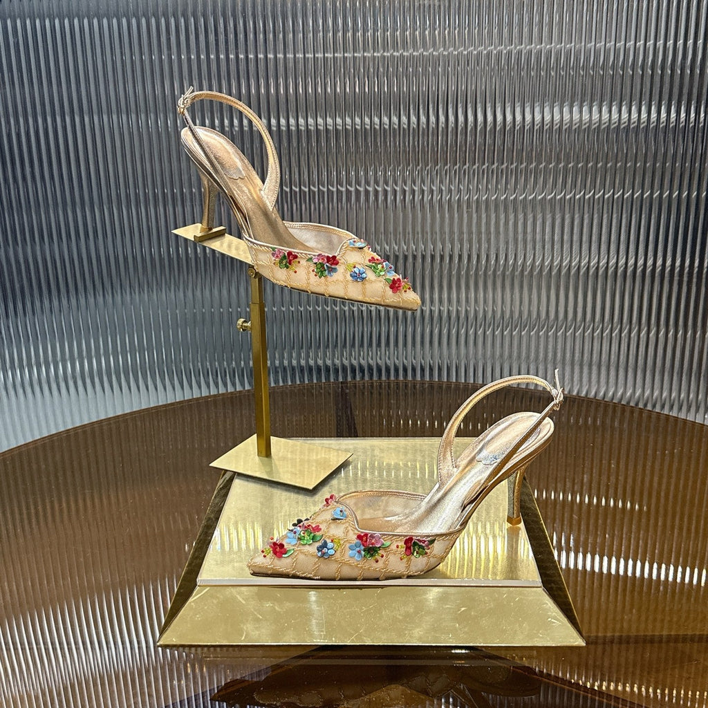 RENE CAOVILLA 26S HIGH-HEEL SLINGBACKS 75 MM IN METALLIC GOLD LAMBSKIN