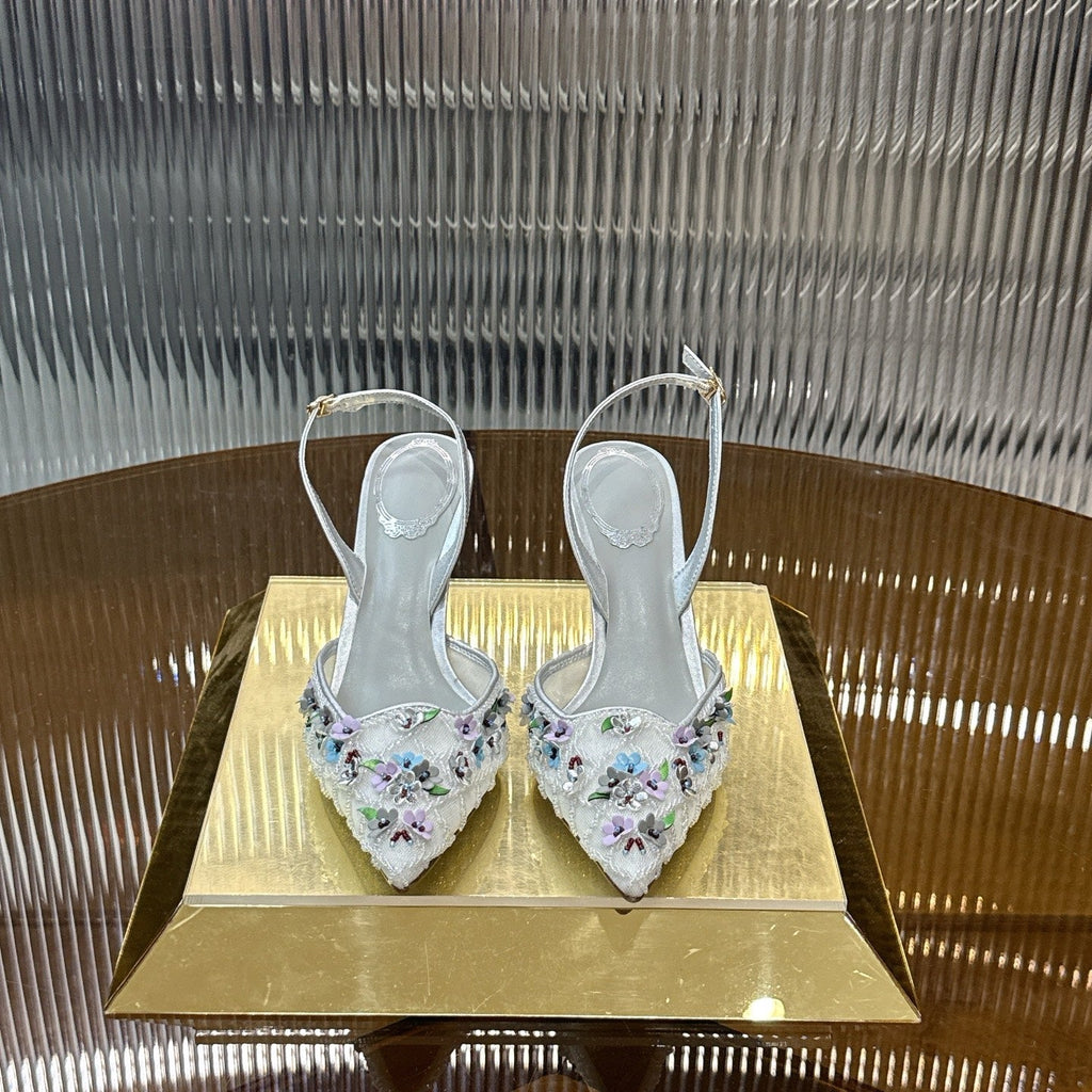 RENE CAOVILLA 26S HIGH-HEEL SLINGBACKS 75 MM IN WHITE MESH AND SILVER LAMBSKIN FLOWER-EMBELLISHED