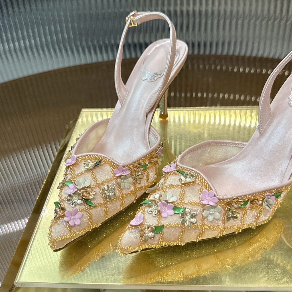 RENE CAOVILLA 26S HIGH-HEEL SLINGBACKS 75 MM IN BEIGE LAMBSKIN FLOWER-EMBELLISHED