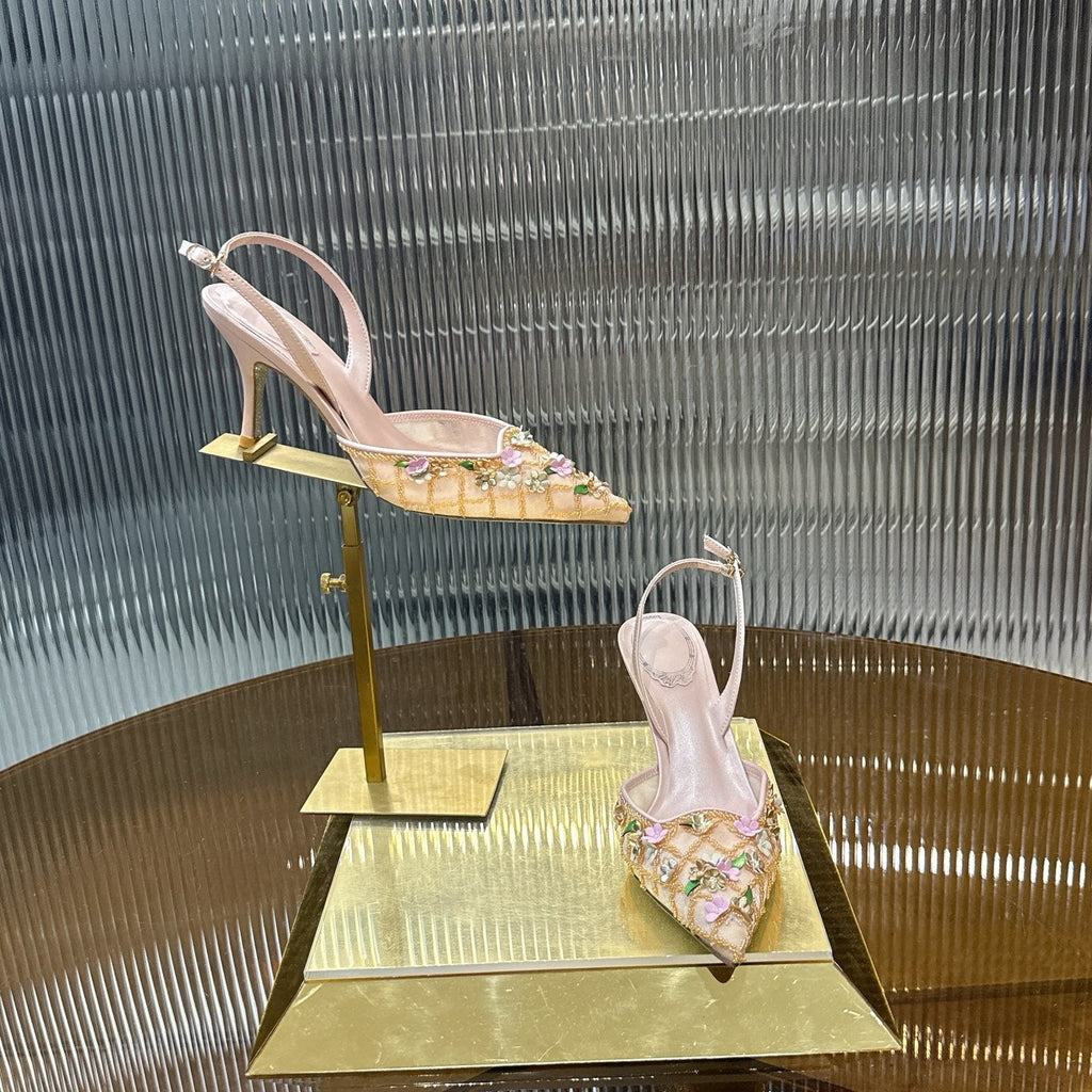 RENE CAOVILLA 26S HIGH-HEEL SLINGBACKS 75 MM IN BEIGE LAMBSKIN FLOWER-EMBELLISHED