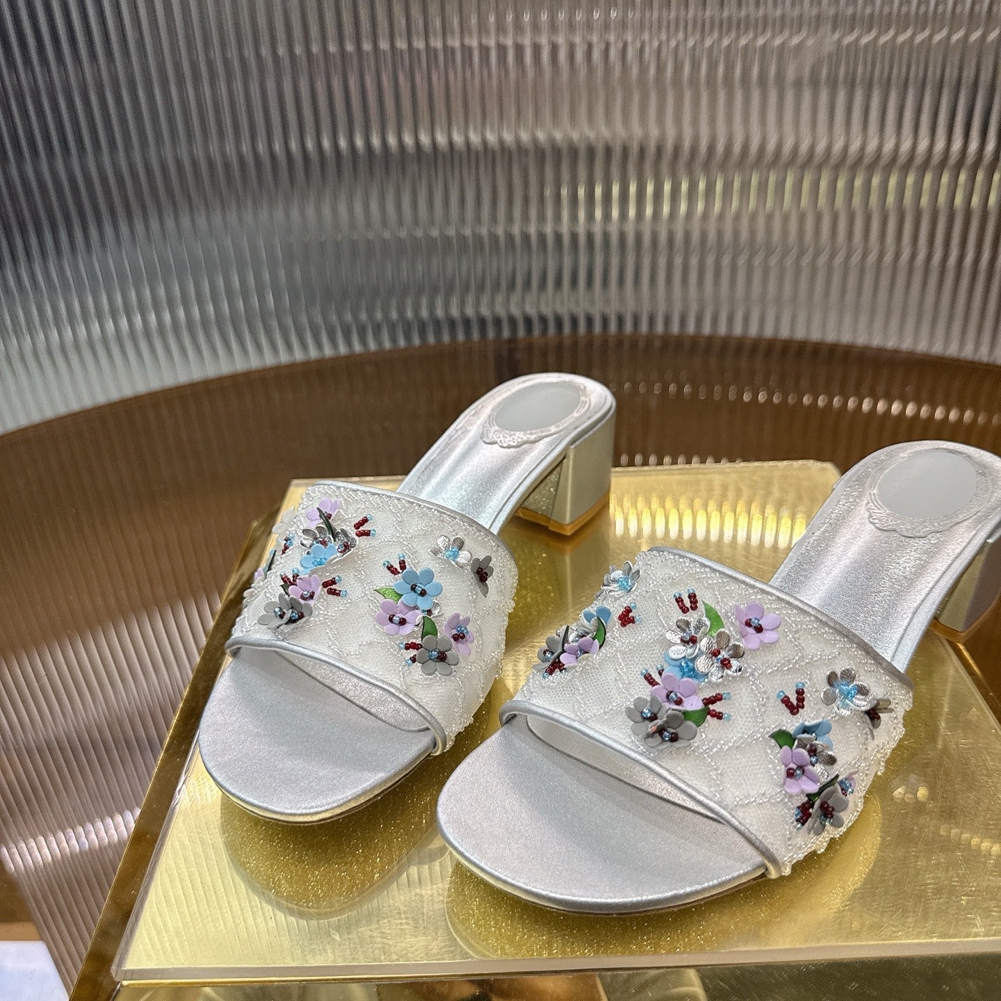 RENE CAOVILLA 26S HIGH-HEEL SANDALS 45 MM IN WHITE MESH AND SILVER LAMBSKIN