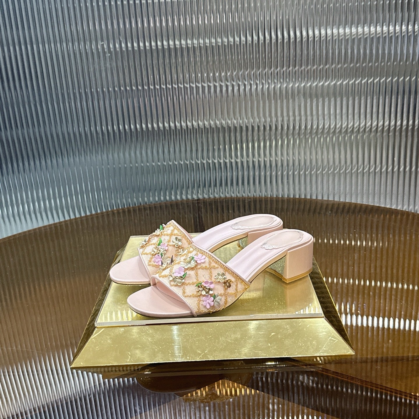 RENE CAOVILLA 26S HIGH-HEEL SANDALS 45 MM IN LIGHT PINK MESH AND LAMBSKIN