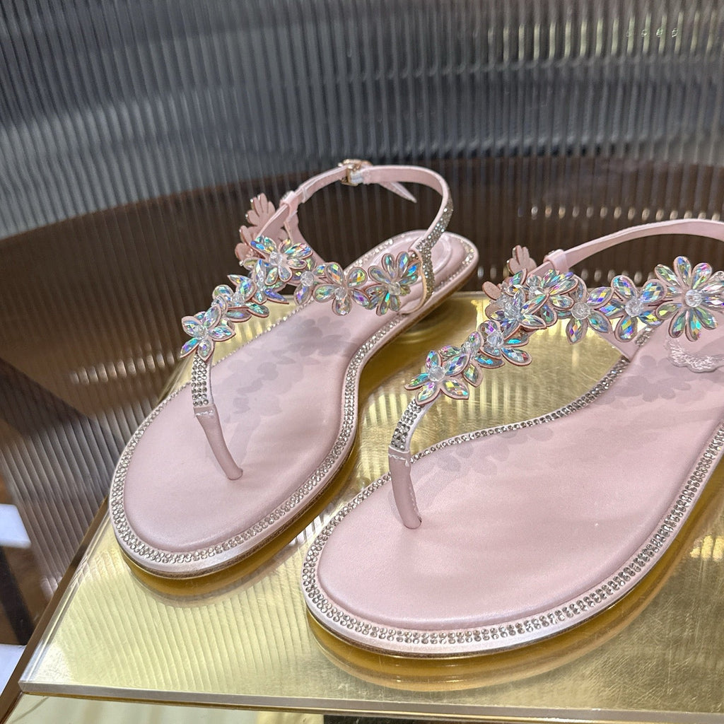 RENE CAOVILLA 26S EMBELLISHED THONG SANDALS IN LIGHT PINK LAMBSKIN