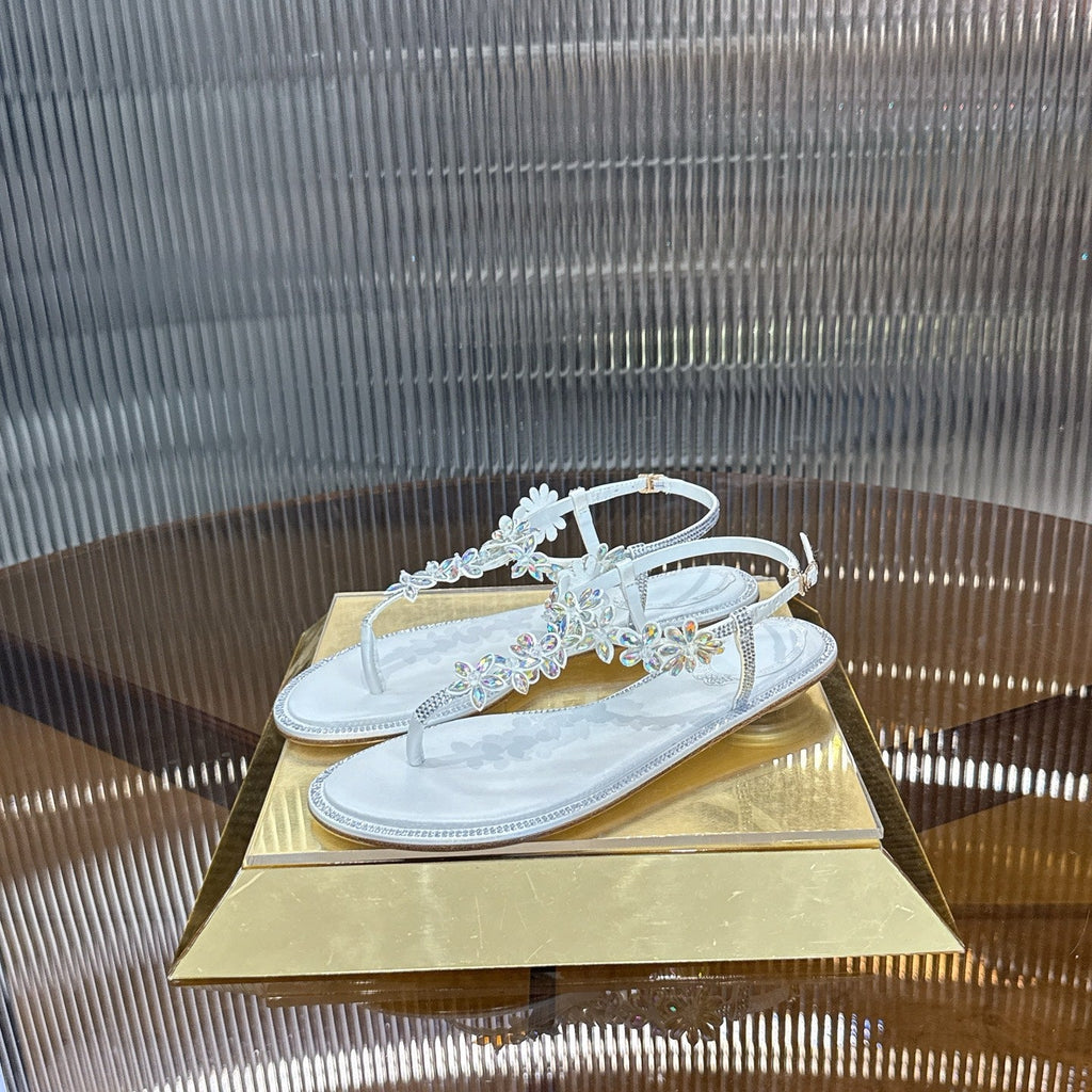 RENE CAOVILLA 26S EMBELLISHED THONG SANDALS IN WHITE LAMBSKIN