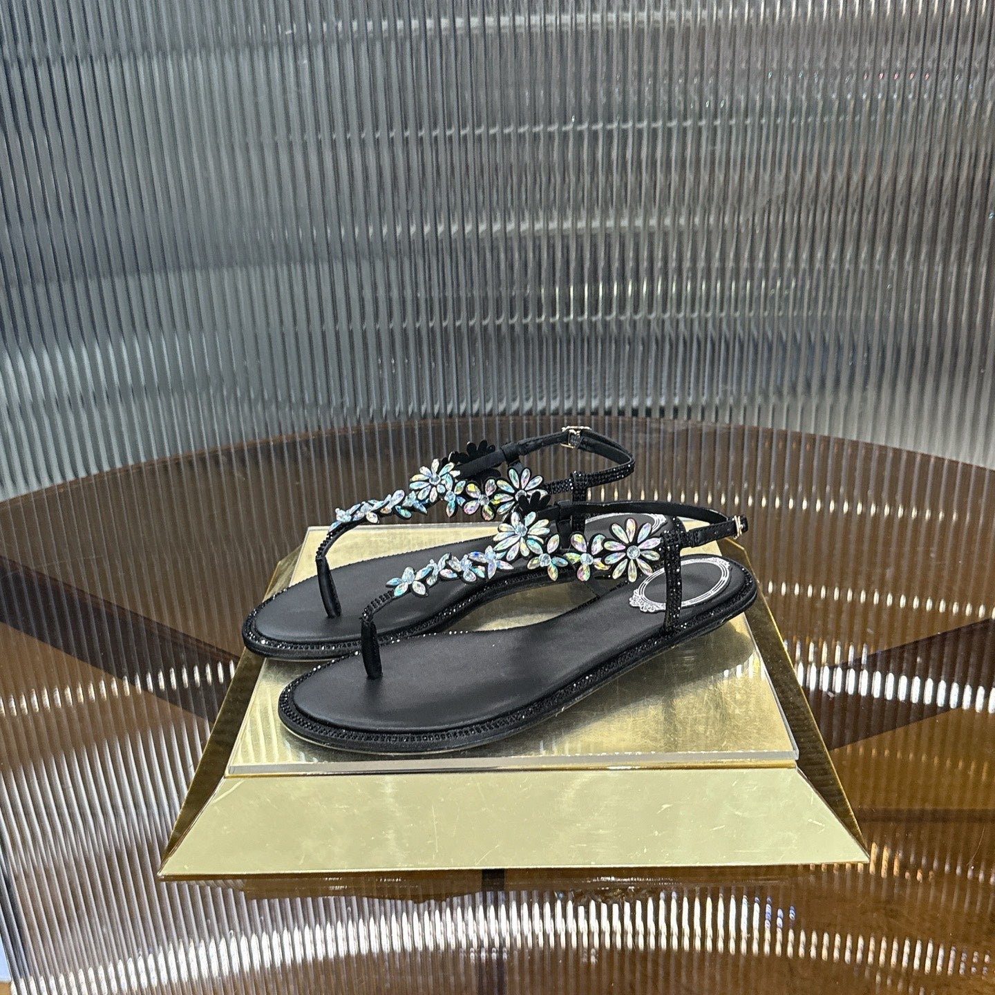 RENE CAOVILLA 26S EMBELLISHED THONG SANDALS IN BLACK LAMBSKIN