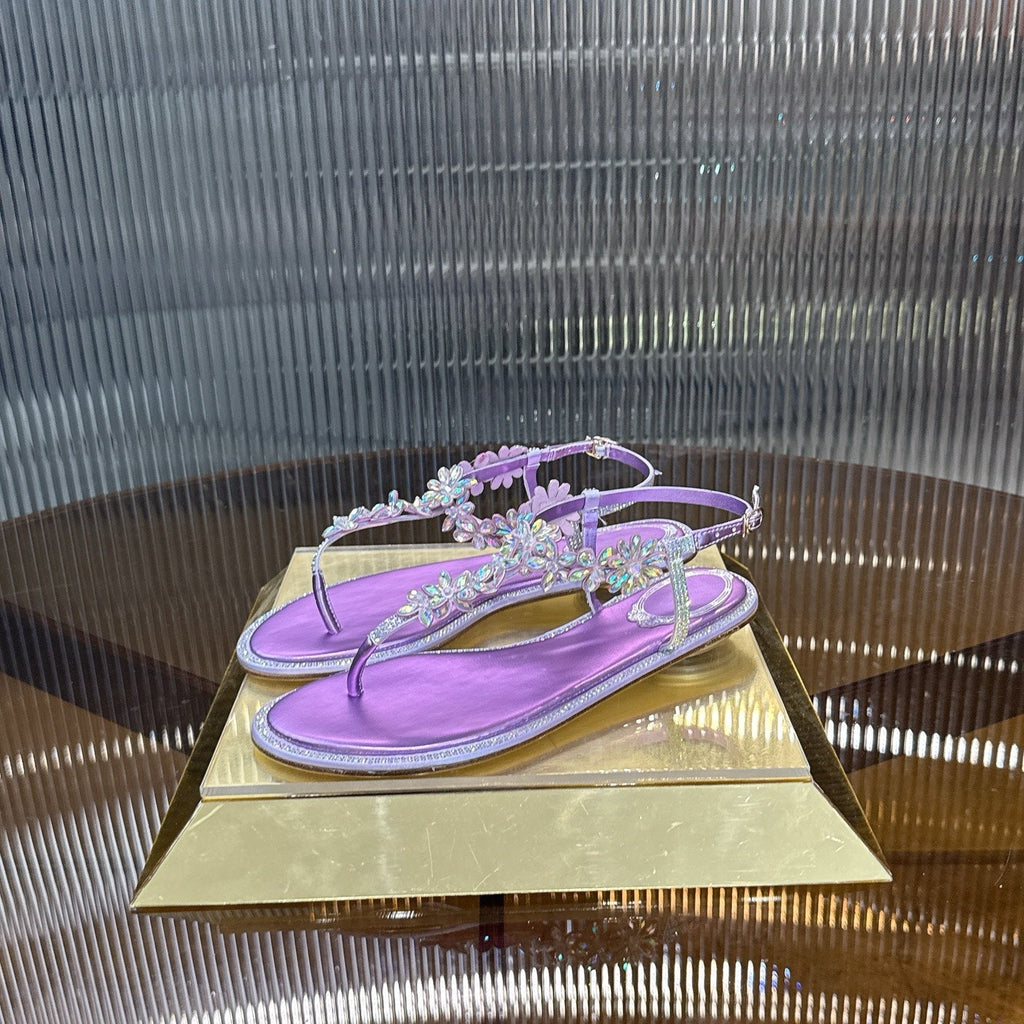 RENE CAOVILLA 26S EMBELLISHED THONG SANDALS IN PURPLE LAMBSKIN