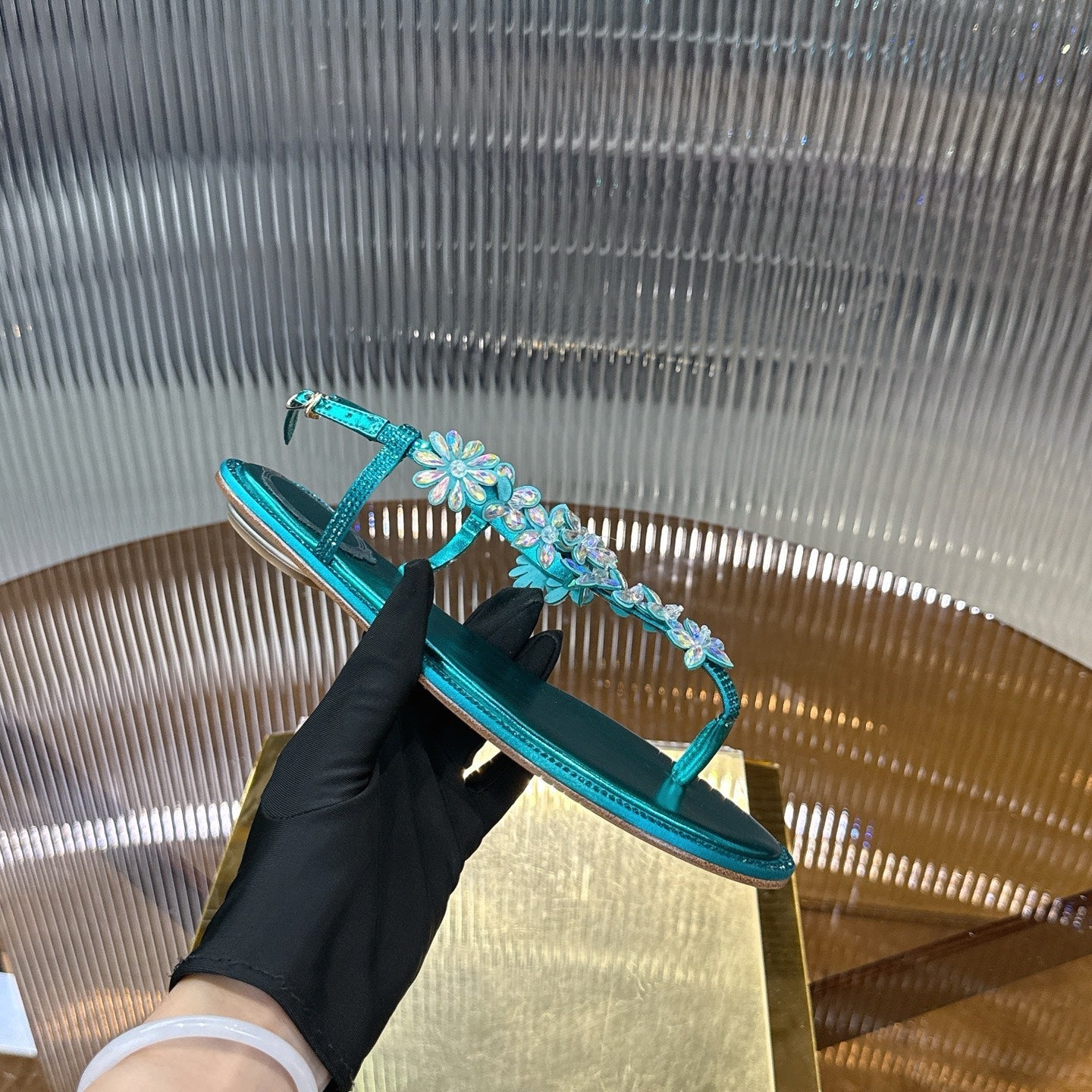 RENE CAOVILLA 26S EMBELLISHED THONG SANDALS IN OCEAN BLUE LAMBSKIN