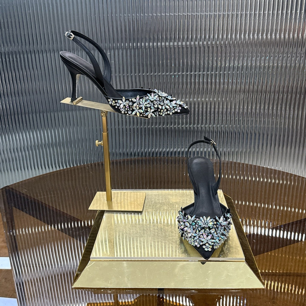 RENE CAOVILLA 26S HIGH-HEEL SLINGBACKS 75 MM IN BLACK LAMBSKIN CRYSTAL EMBELLISHED