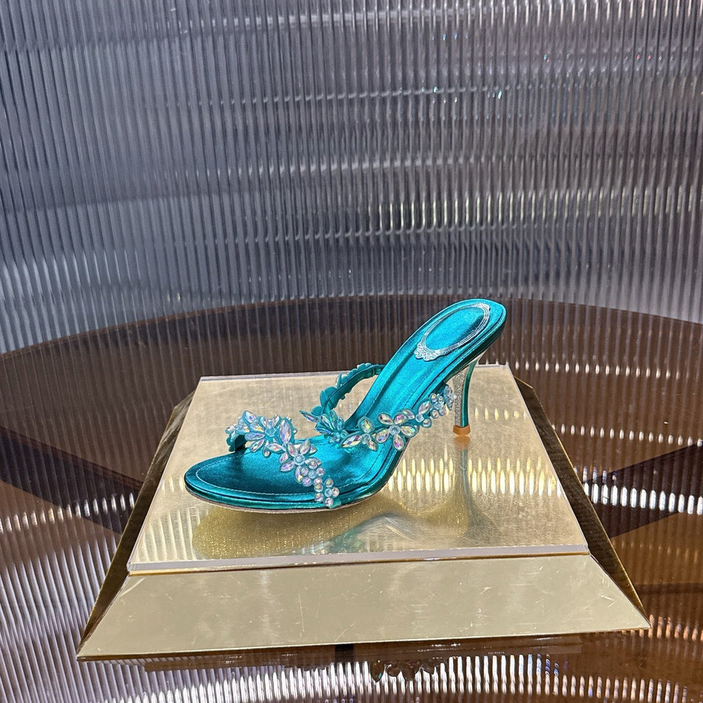 RENE CAOVILLA 26S HEEL SANDALS 75 MM IN OCEAN BLUE LAMBSKIN WITH CRYSTAL