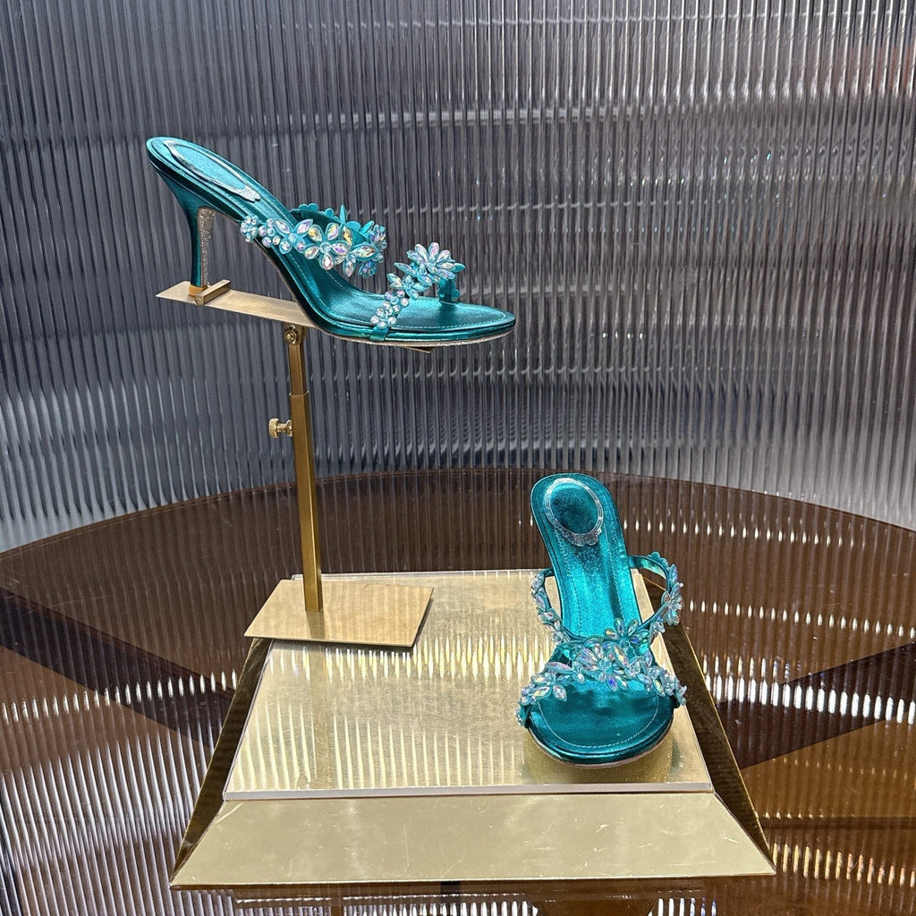 RENE CAOVILLA 26S HEEL SANDALS 75 MM IN OCEAN BLUE LAMBSKIN WITH CRYSTAL