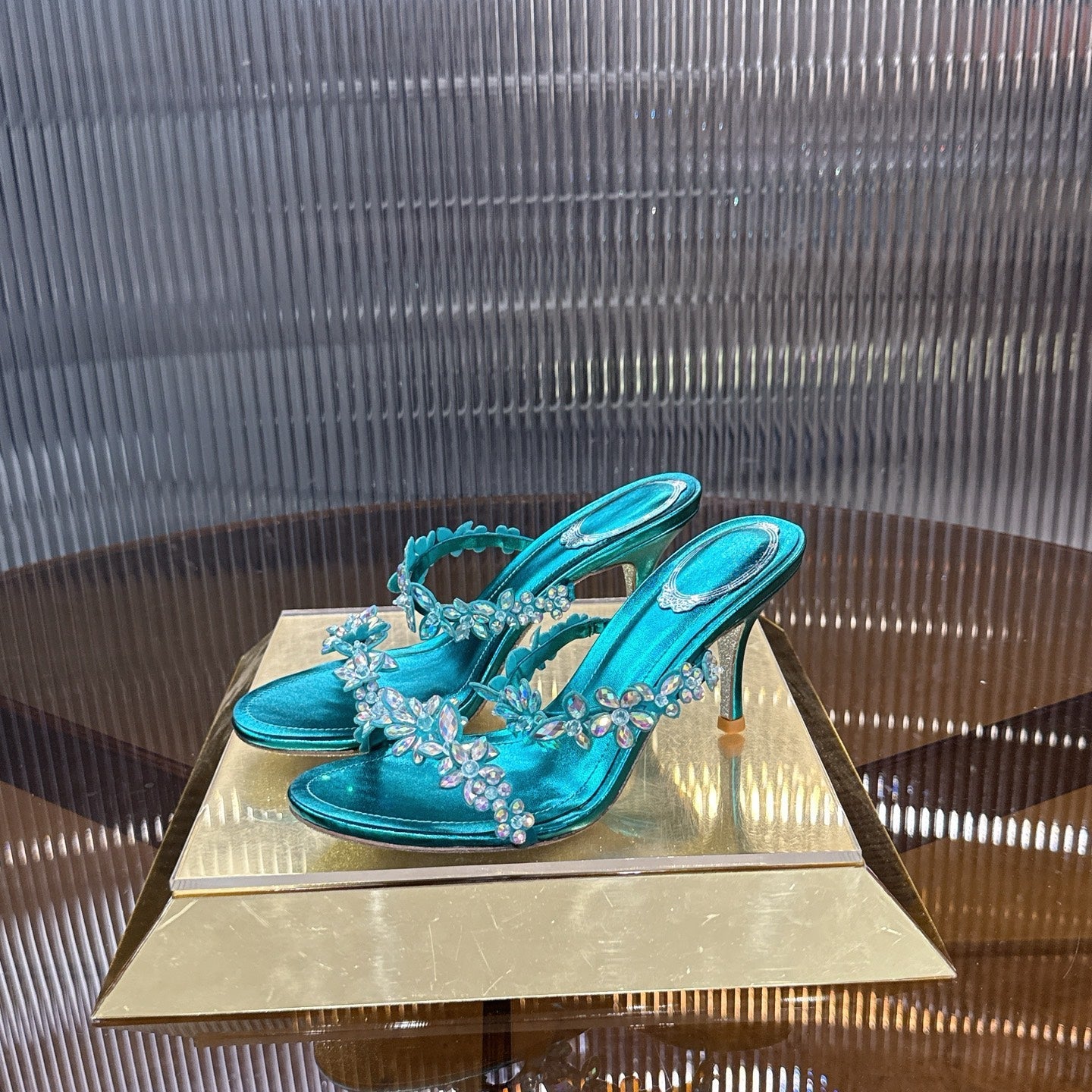 RENE CAOVILLA 26S HEEL SANDALS 75 MM IN OCEAN BLUE LAMBSKIN WITH CRYSTAL