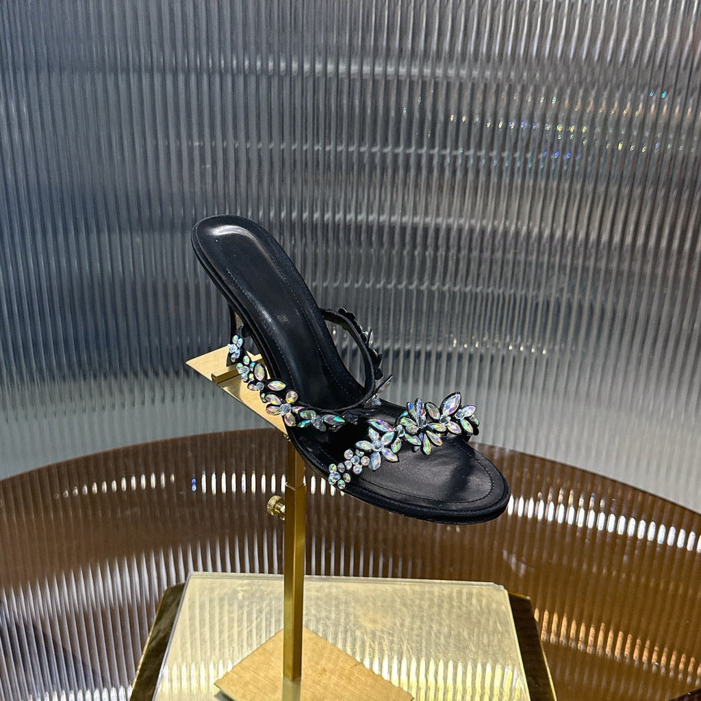 RENE CAOVILLA 26S HEEL SANDALS 75 MM IN BLACK LAMBSKIN WITH CRYSTAL