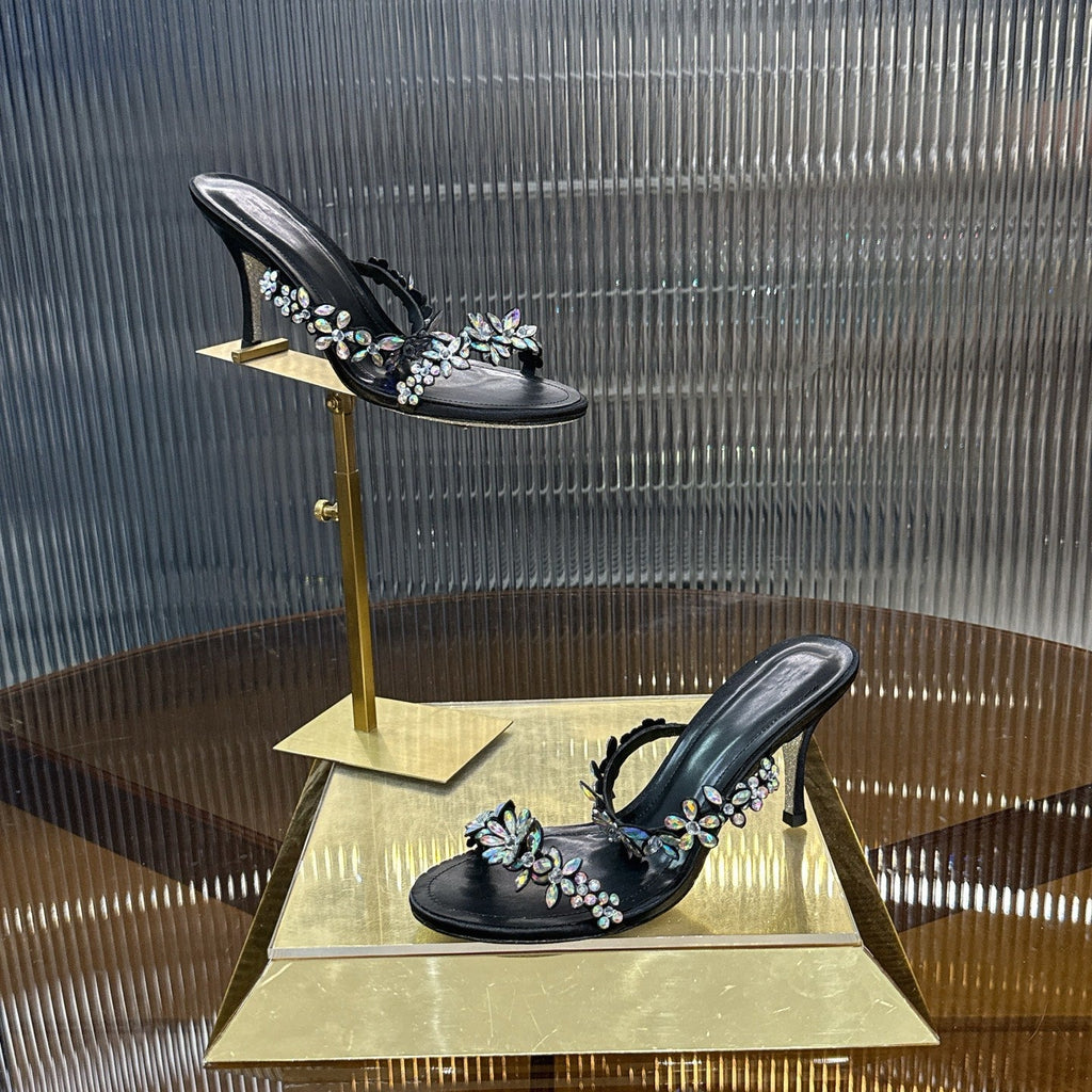 RENE CAOVILLA 26S HEEL SANDALS 75 MM IN BLACK LAMBSKIN WITH CRYSTAL