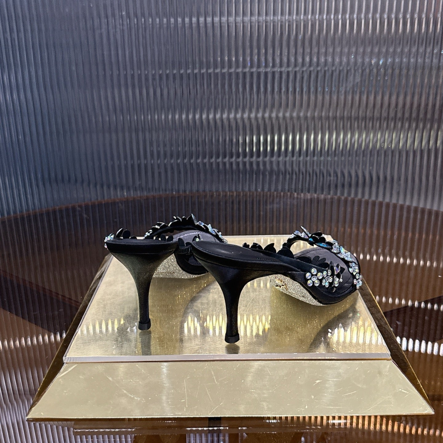 RENE CAOVILLA 26S HEEL SANDALS 75 MM IN BLACK LAMBSKIN WITH CRYSTAL