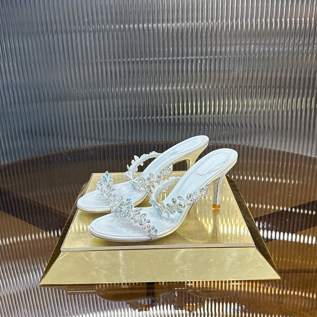 RENE CAOVILLA 26S HEEL SANDALS 75 MM IN WHITE LAMBSKIN WITH CRYSTAL