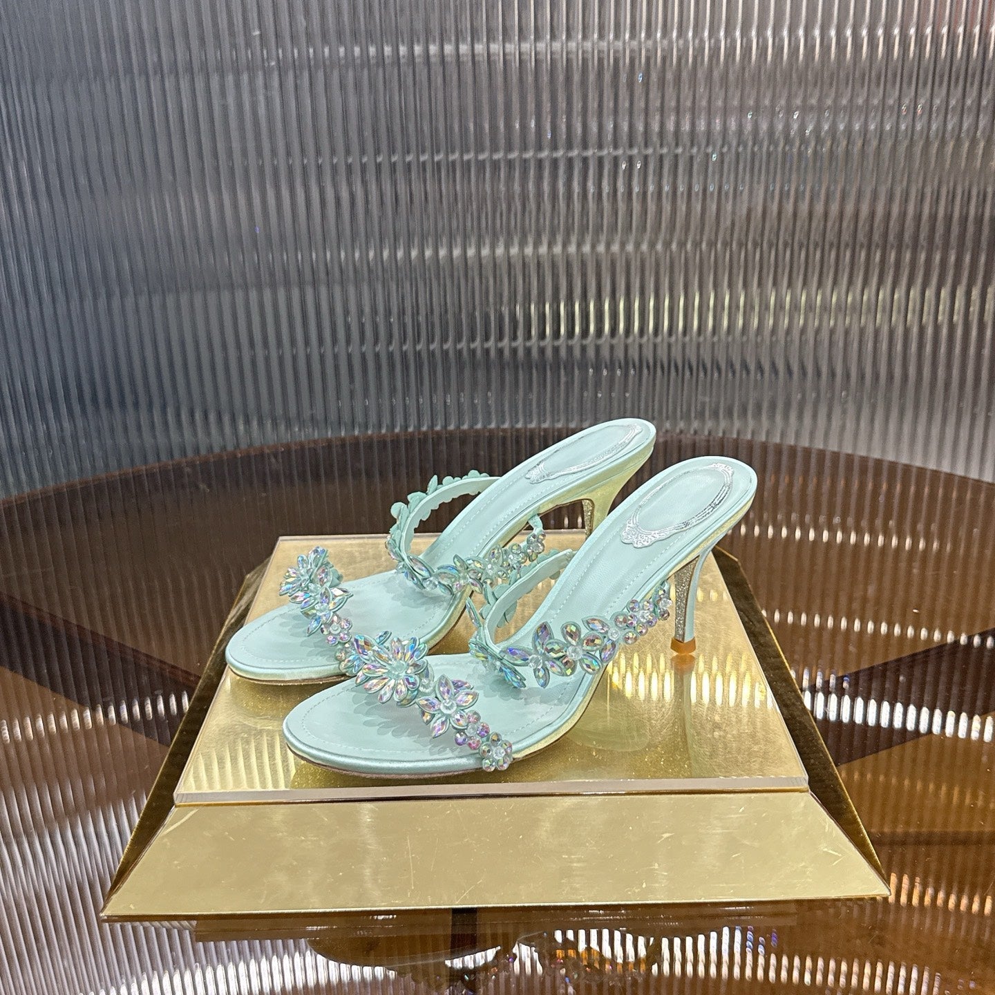 RENE CAOVILLA 26S HEEL SANDALS 75 MM IN ICE BLUE LAMBSKIN WITH CRYSTAL