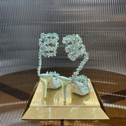 RENE CAOVILLA 26S HEELED SANDALS 100 MM IN PASTEL MINT GREEN LAMBSKIN