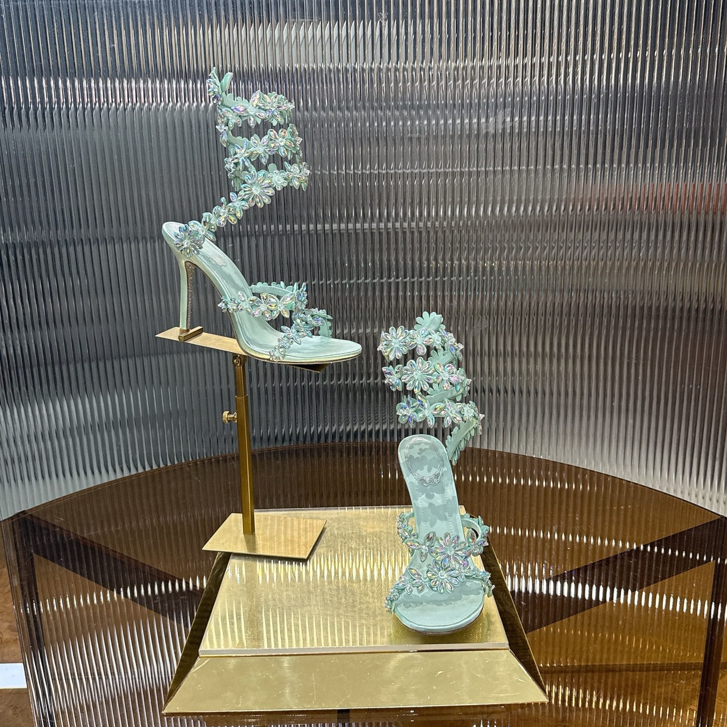 RENE CAOVILLA 26S HEELED SANDALS 100 MM IN PASTEL MINT GREEN LAMBSKIN