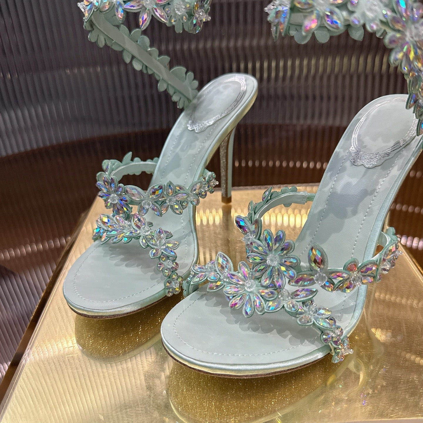 RENE CAOVILLA 26S HEELED SANDALS 100 MM IN PASTEL MINT GREEN LAMBSKIN
