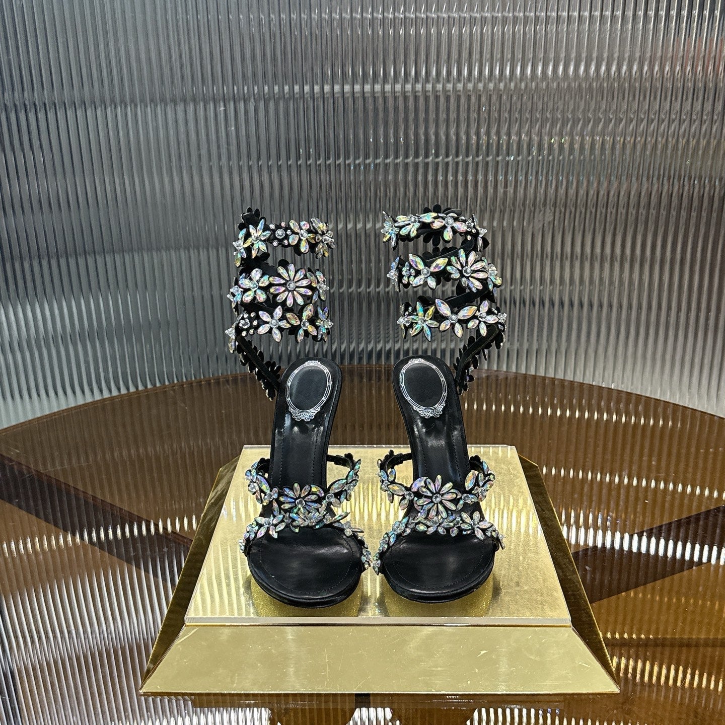RENE CAOVILLA 26S HEELED SANDALS 100 MM IN BLACK LAMBSKIN