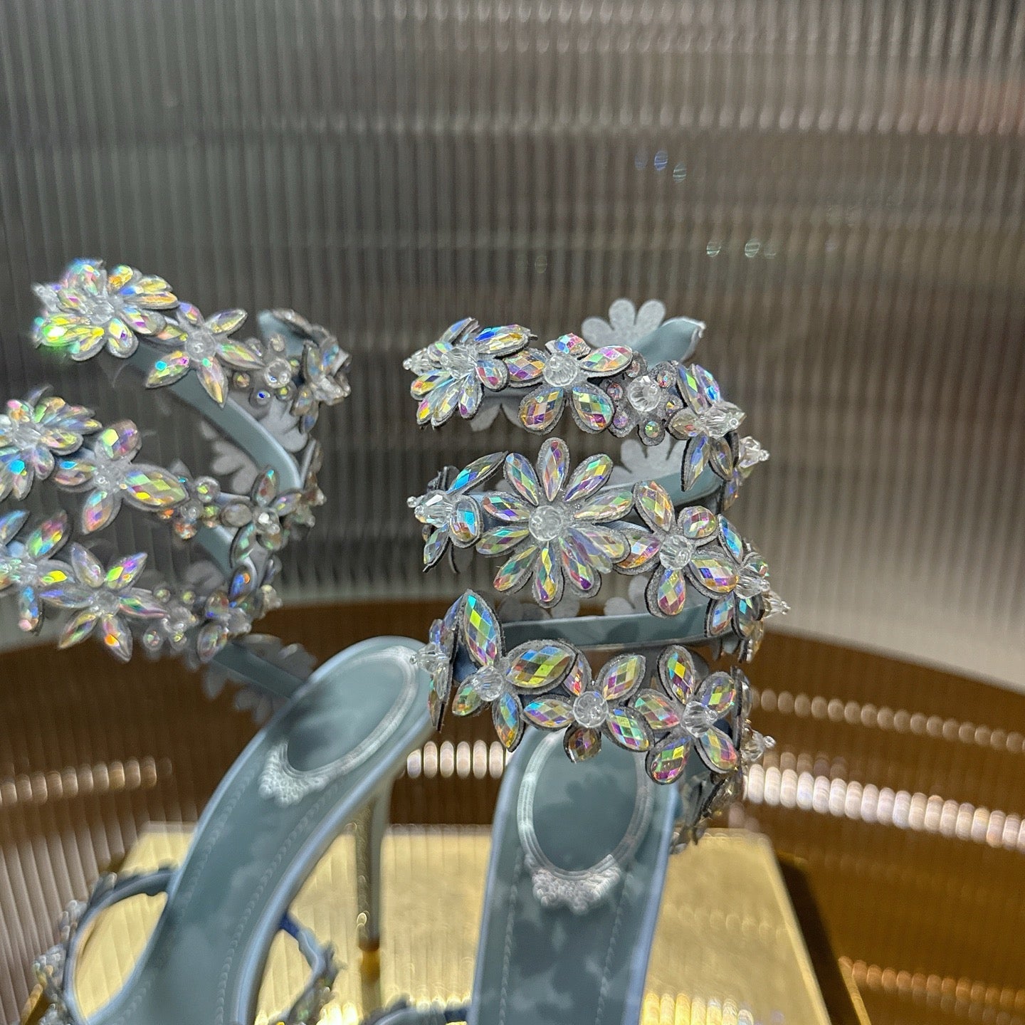 RENE CAOVILLA 26S HEELED SANDALS 100 MM IN LIGHT BLUE LAMBSKIN