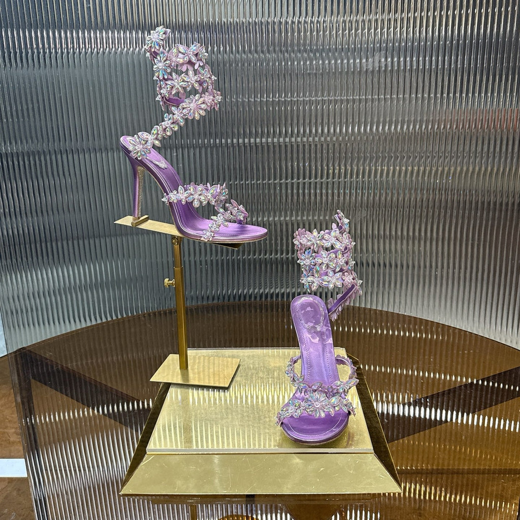 RENE CAOVILLA 26S HEELED SANDALS 100 MM IN PURPLE LAMBSKIN