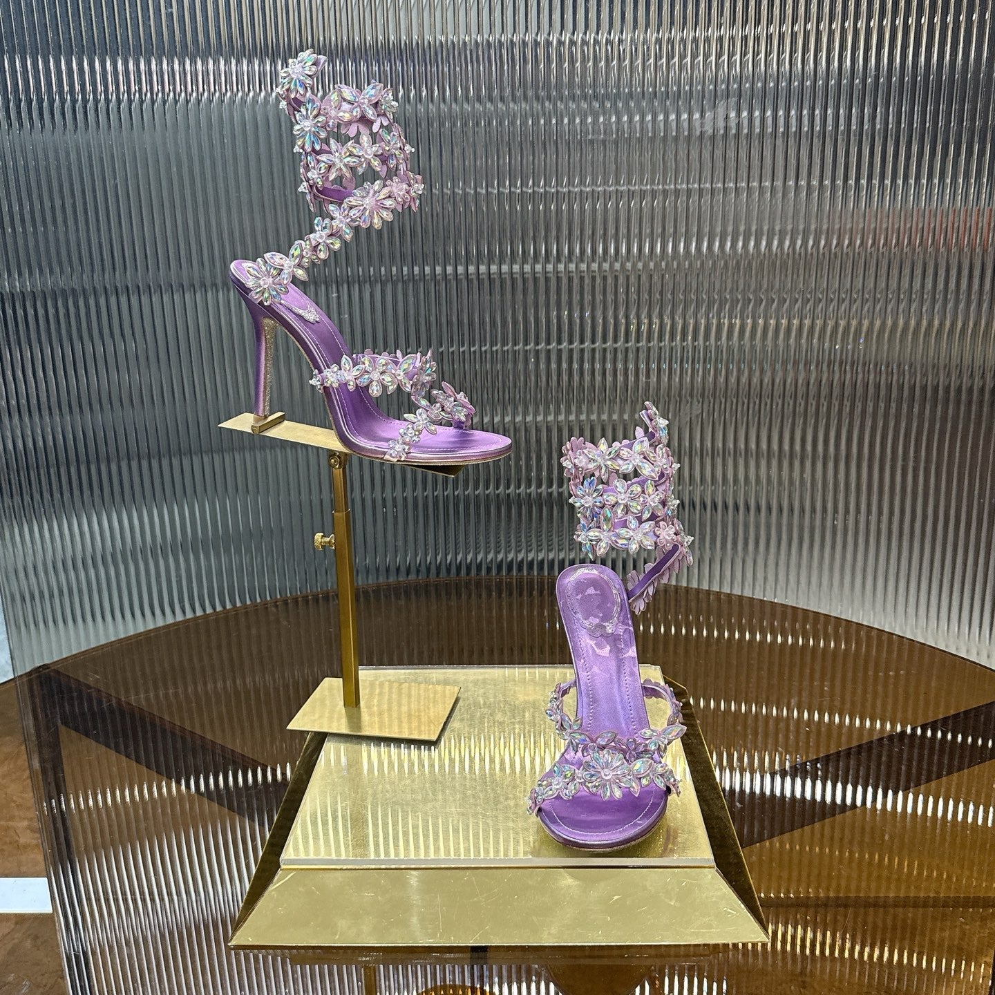 RENE CAOVILLA 26S HEELED SANDALS 100 MM IN PURPLE LAMBSKIN