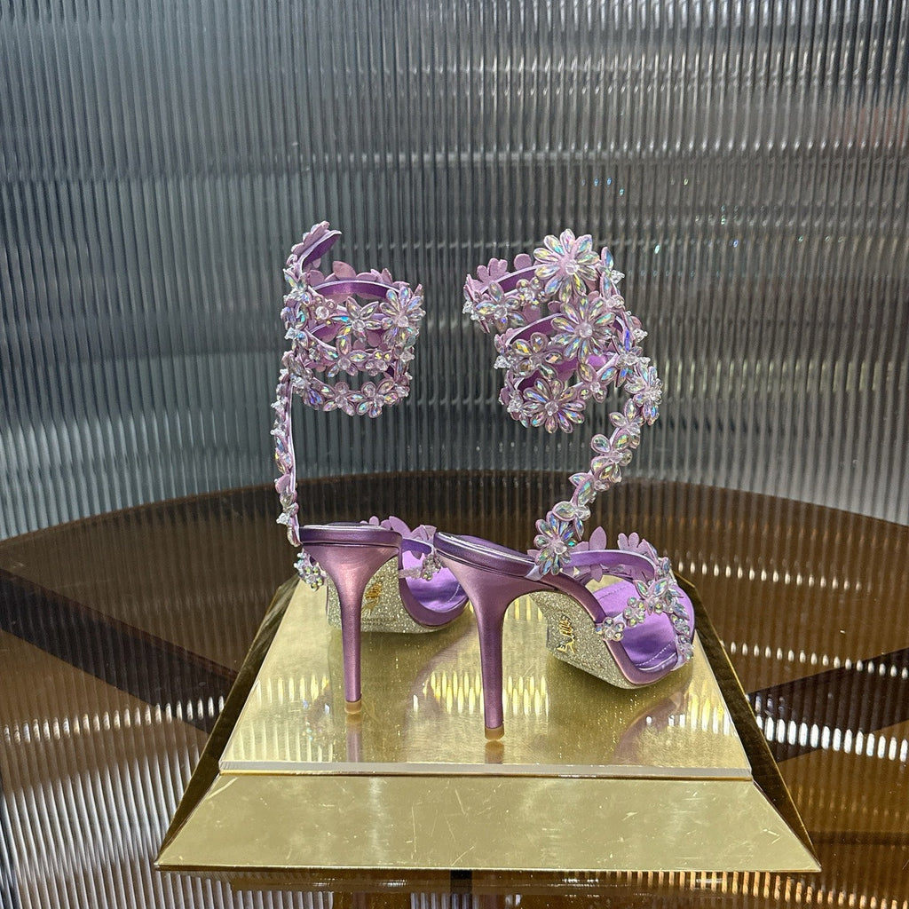 RENE CAOVILLA 26S HEELED SANDALS 100 MM IN PURPLE LAMBSKIN