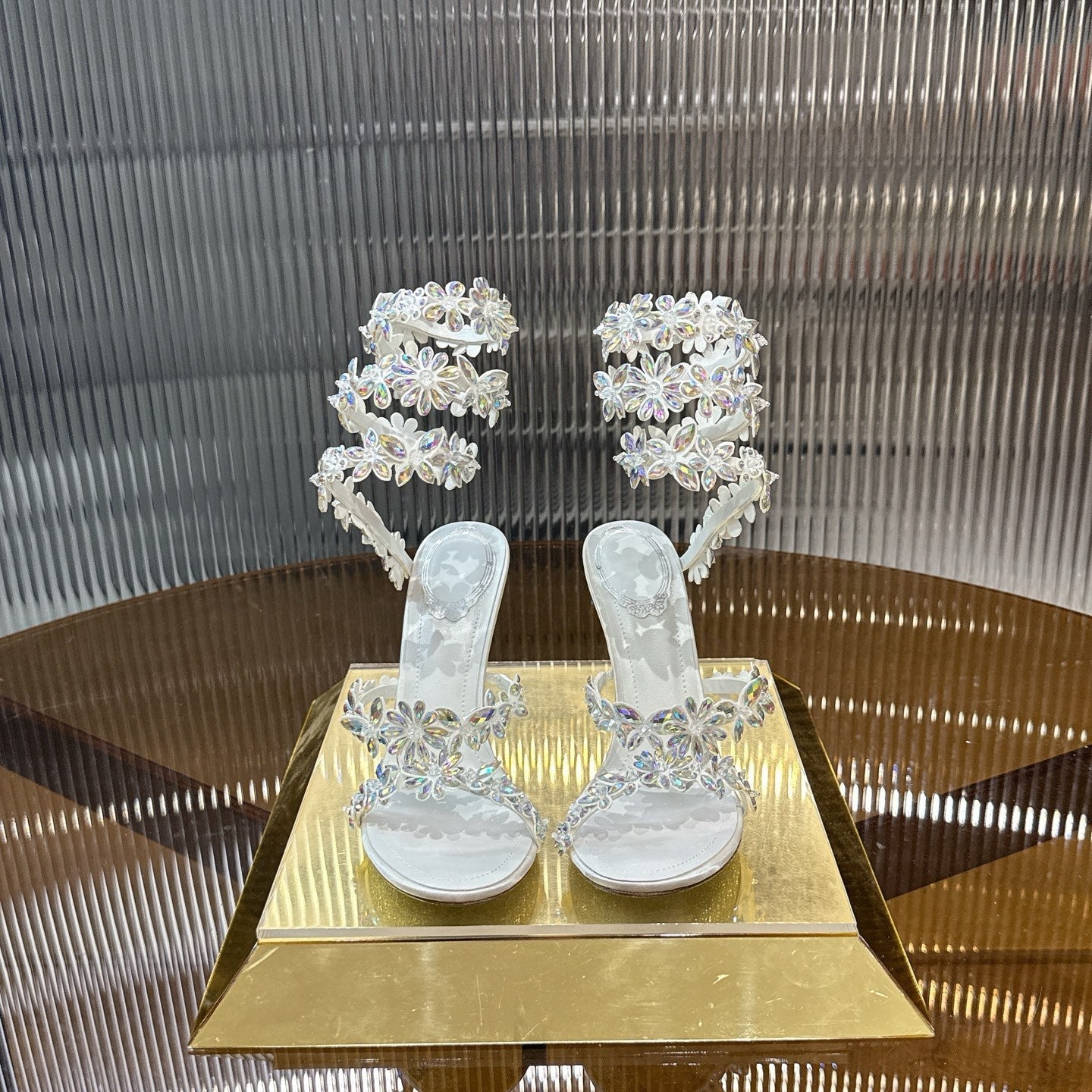 RENE CAOVILLA 26S HEELED SANDALS 100 MM IN WHITE LAMBSKIN