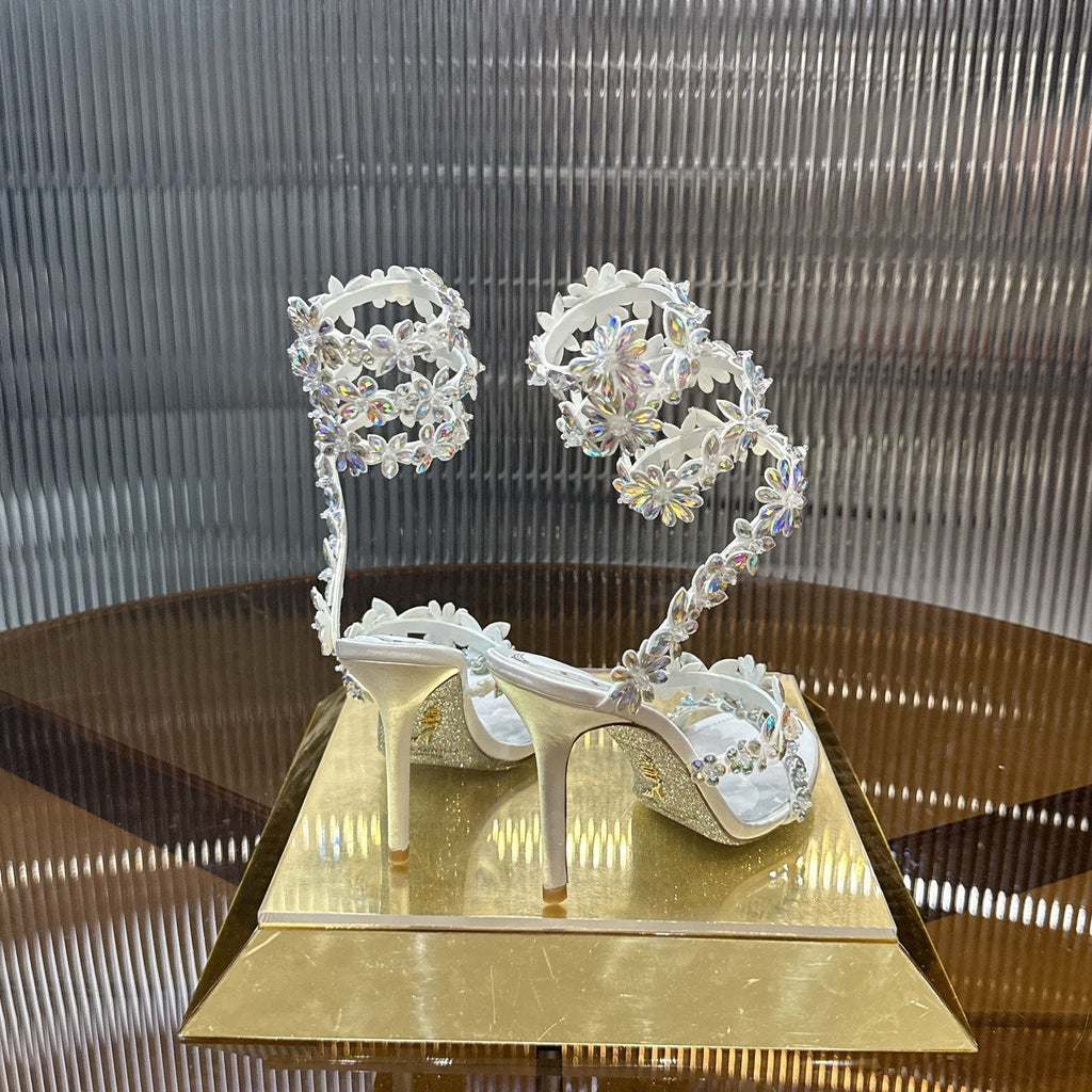 RENE CAOVILLA 26S HEELED SANDALS 100 MM IN WHITE LAMBSKIN
