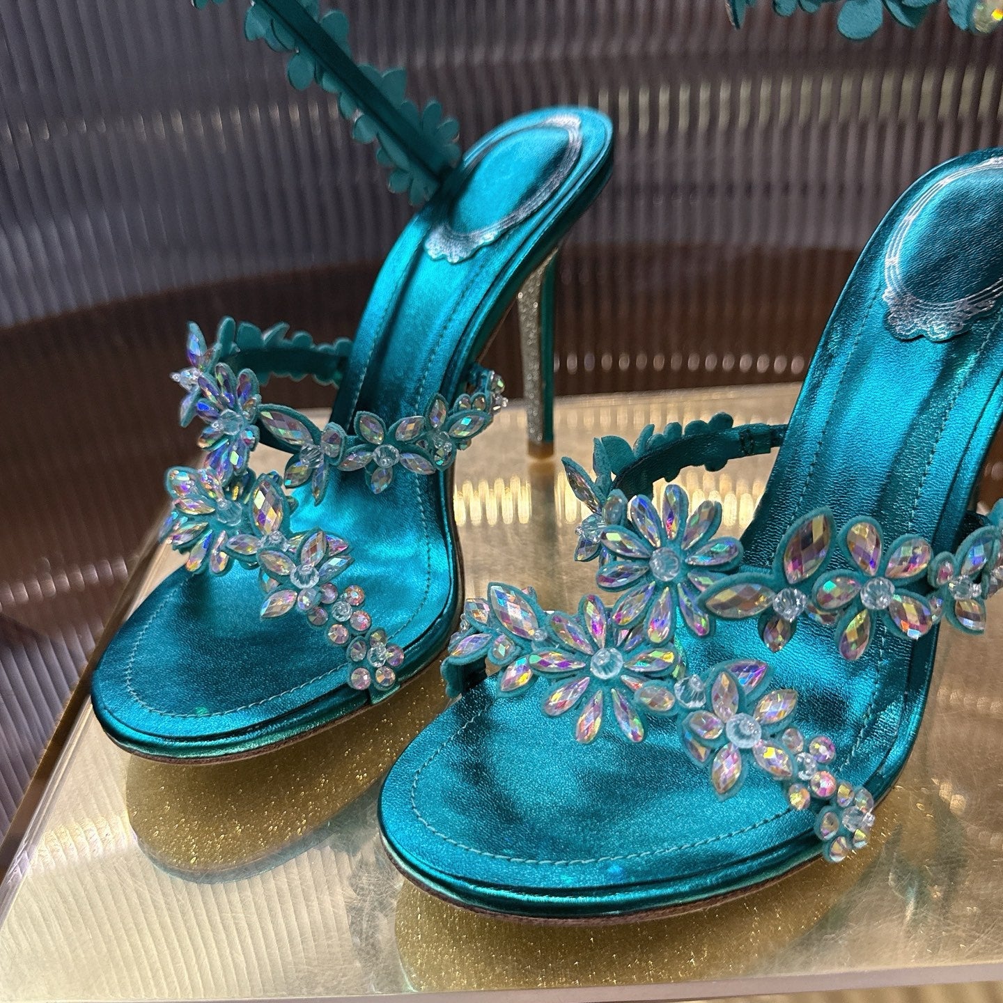 RENE CAOVILLA 26S HEELED SANDALS 100 MM IN JADE GREEN LAMBSKIN