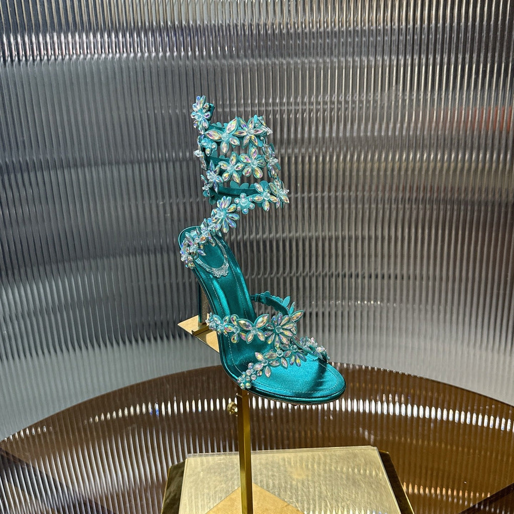 RENE CAOVILLA 26S HEELED SANDALS 100 MM IN JADE GREEN LAMBSKIN