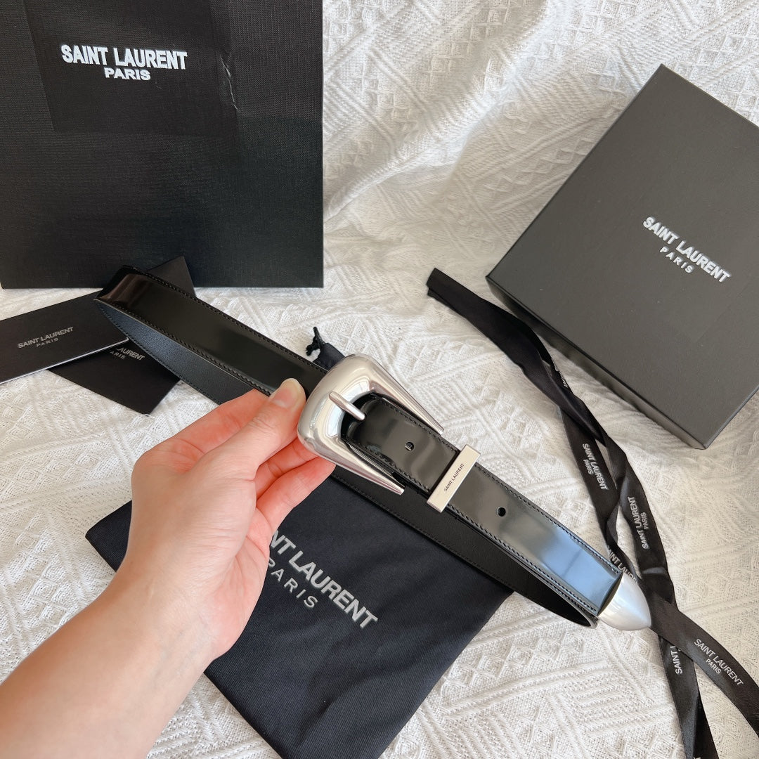 YSL 25S BELT 25 MM IN BLACK GLOSSY CALFSKIN 558366