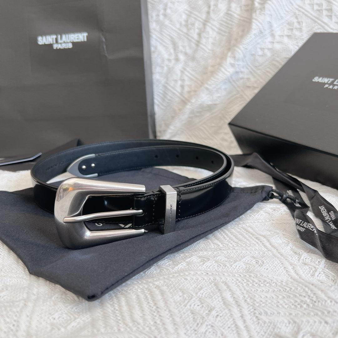 YSL 25S BELT 25 MM IN BLACK GLOSSY CALFSKIN 558366