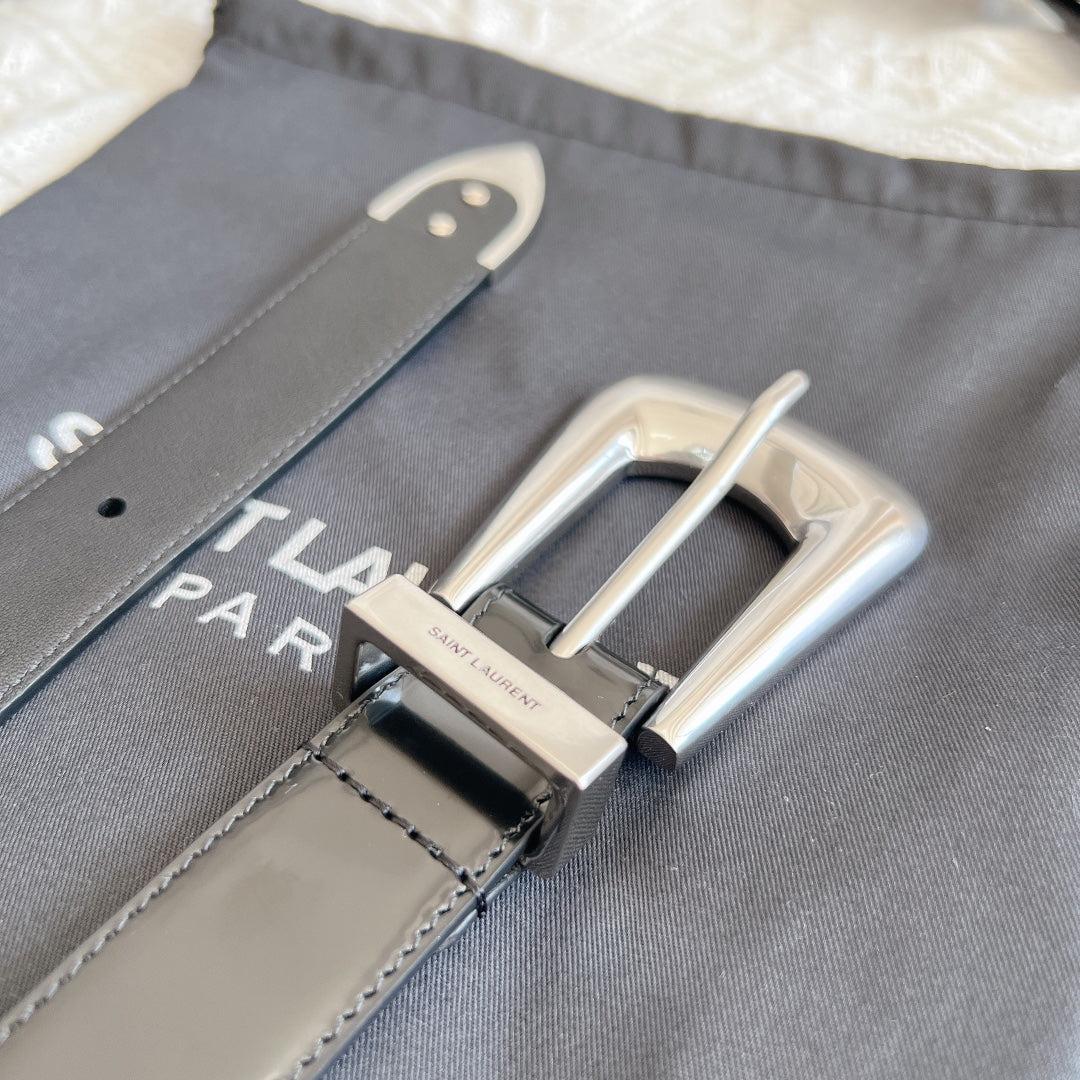 YSL 25S BELT 25 MM IN BLACK GLOSSY CALFSKIN 558366