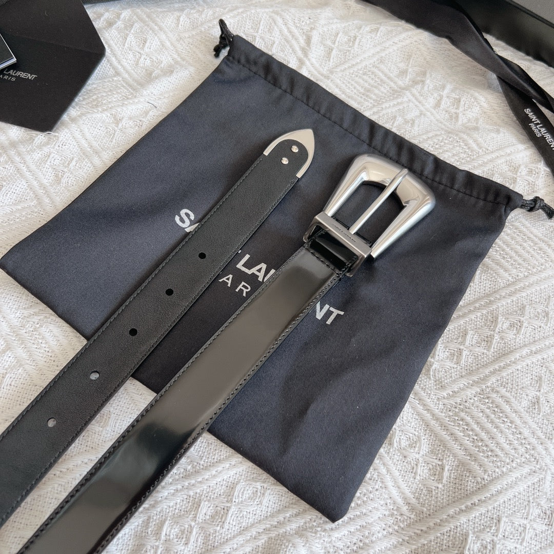 YSL 25S BELT 25 MM IN BLACK GLOSSY CALFSKIN 558366
