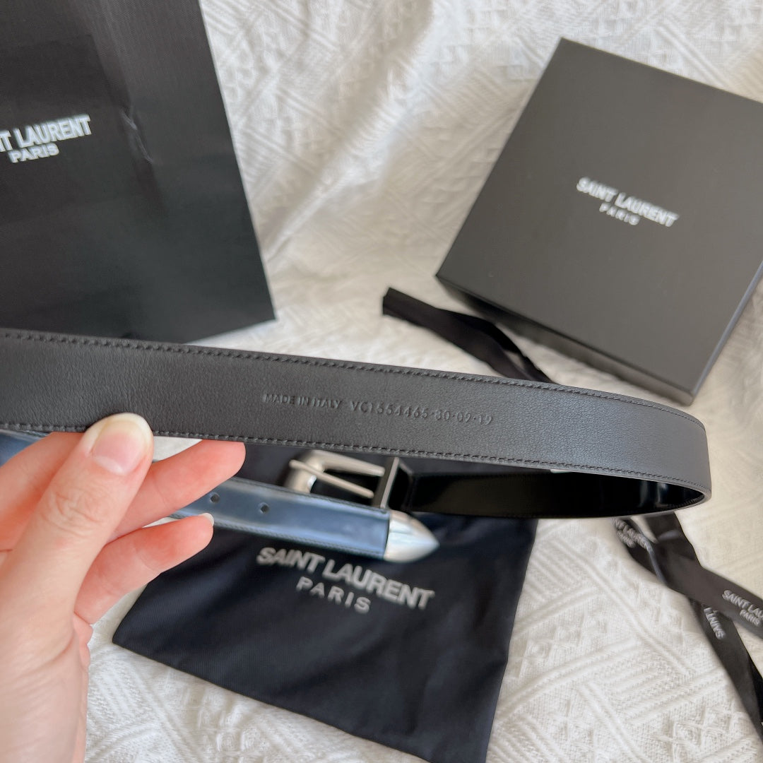 YSL 25S BELT 25 MM IN BLACK GLOSSY CALFSKIN 558366