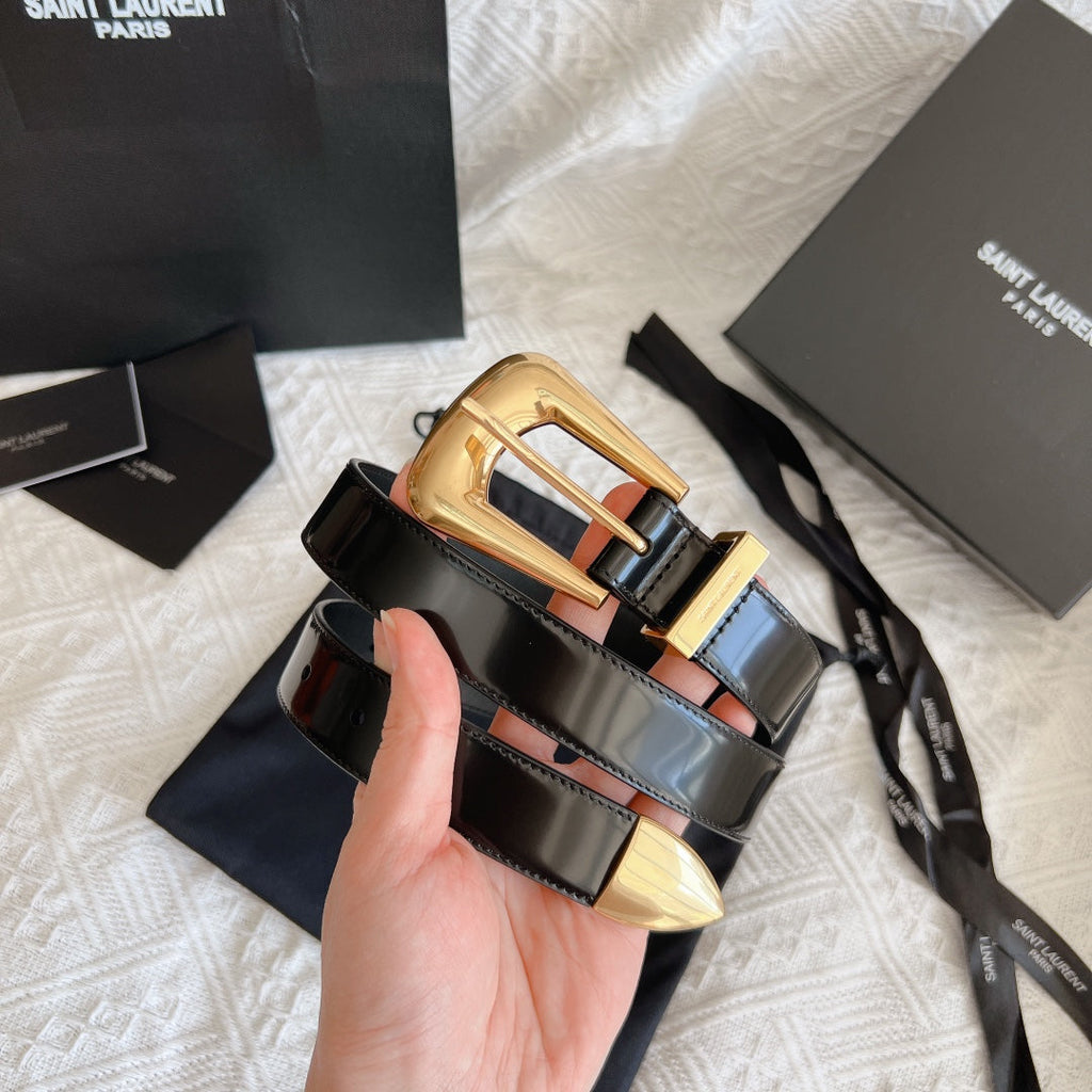 YSL 25S BELT 25 MM IN BLACK GLOSSY CALFSKIN 558367