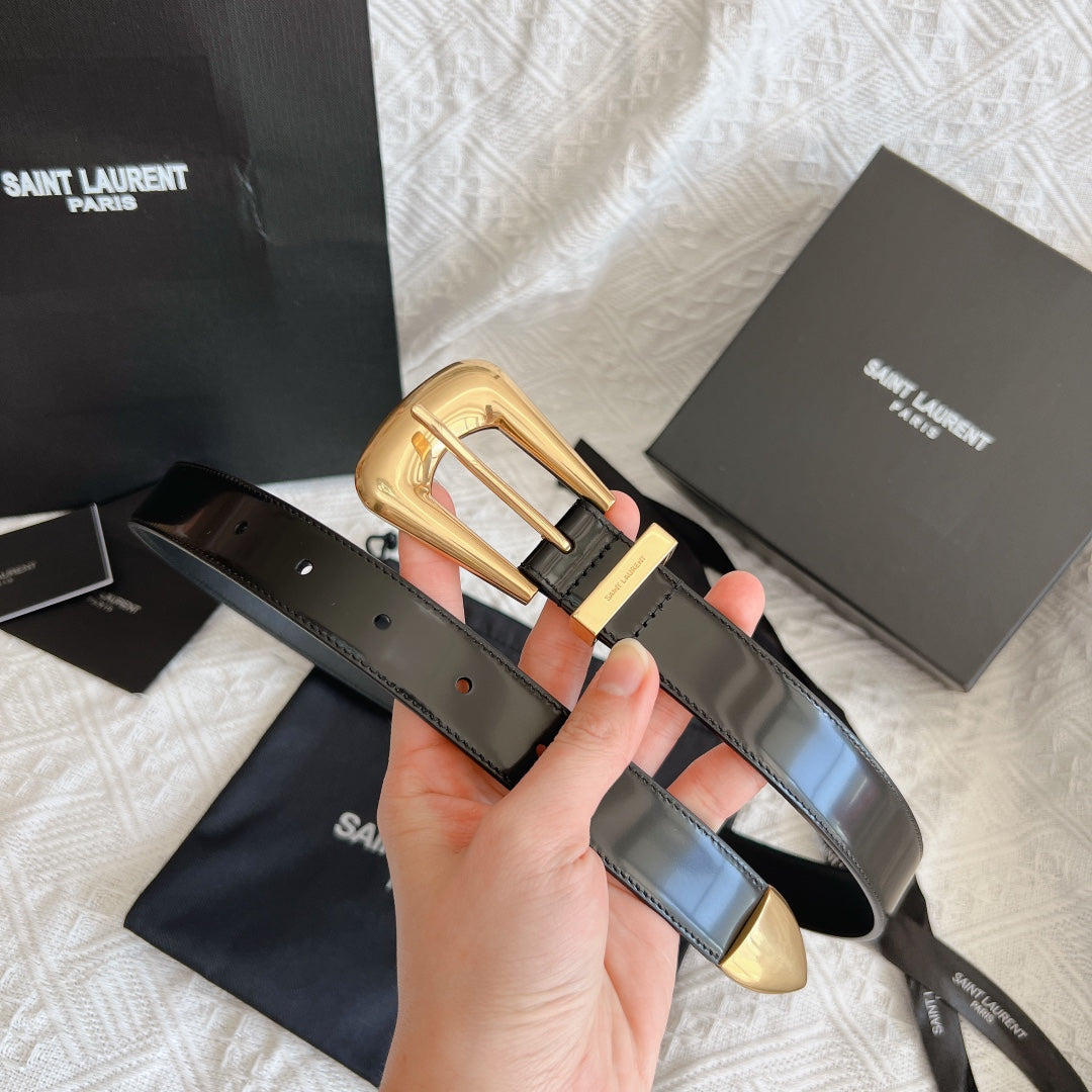 YSL 25S BELT 25 MM IN BLACK GLOSSY CALFSKIN 558367