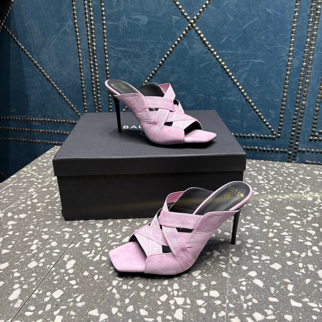 BALMAIN 26S HIGH-HEEL SANDALS 95 MM IN PALE LILAC PINK SUEDE AND FABRIC